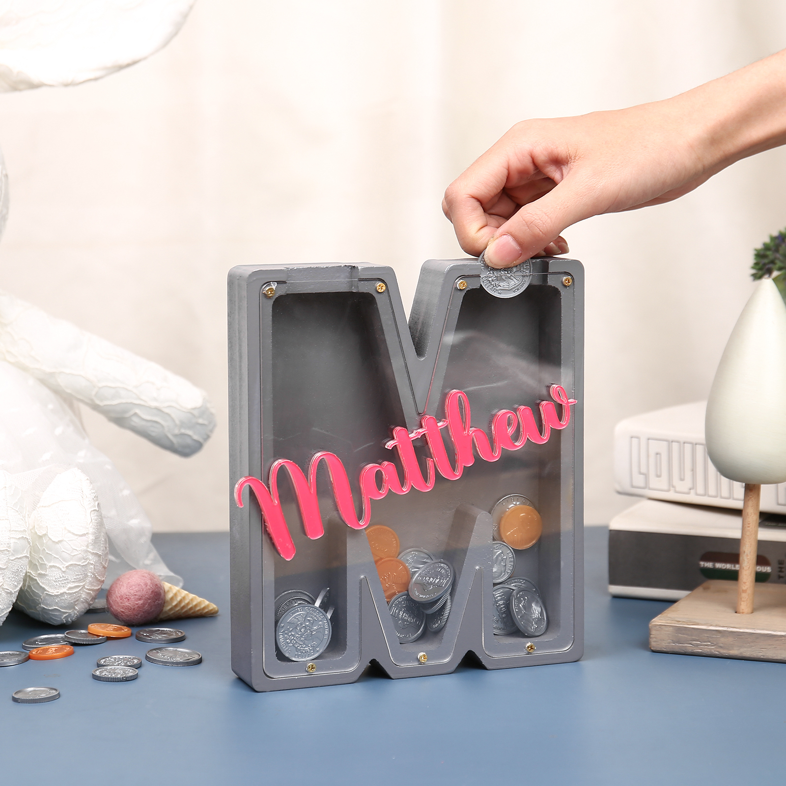 Alcancía de madera en forma de letras con 1 nombre personalizado hucha-Jessemade ES