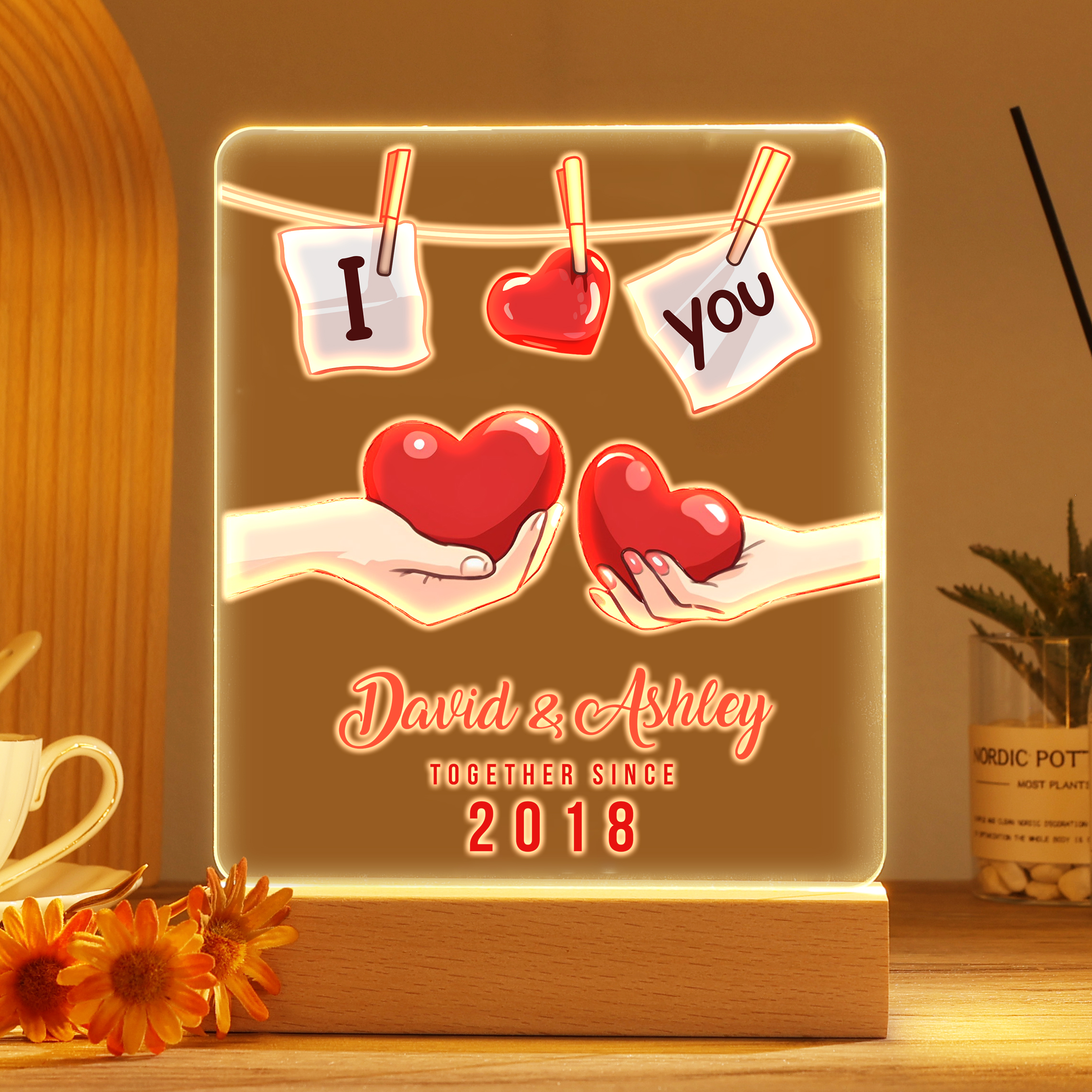 Lámpara corazones para pareja 3D Ilusión Luz de Noche LED 2 nombres, texto y año personalizados -Jessemade ES