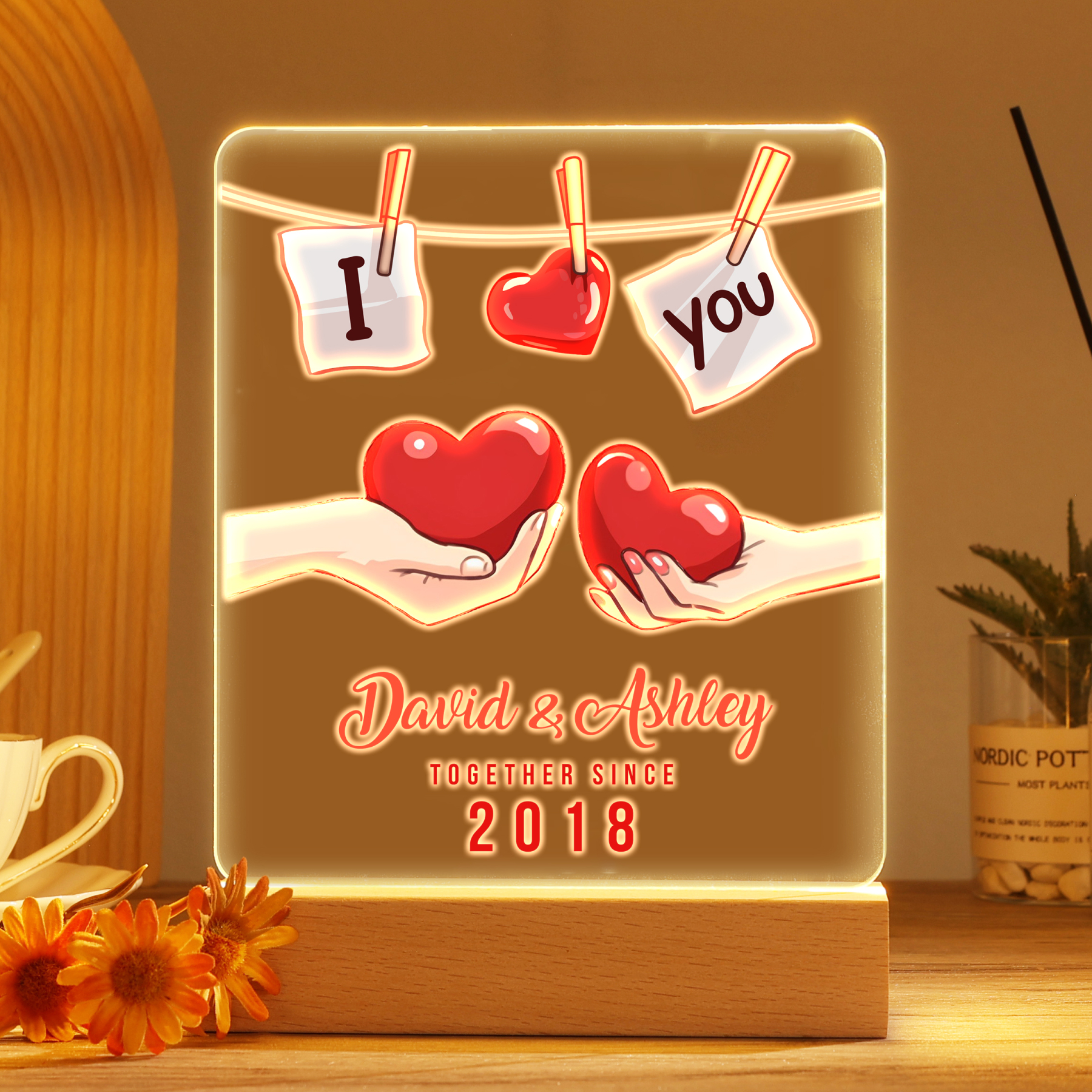 Lámpara corazones para pareja 3D Ilusión Luz de Noche LED 2 nombres, texto y año personalizados -Jessemade ES