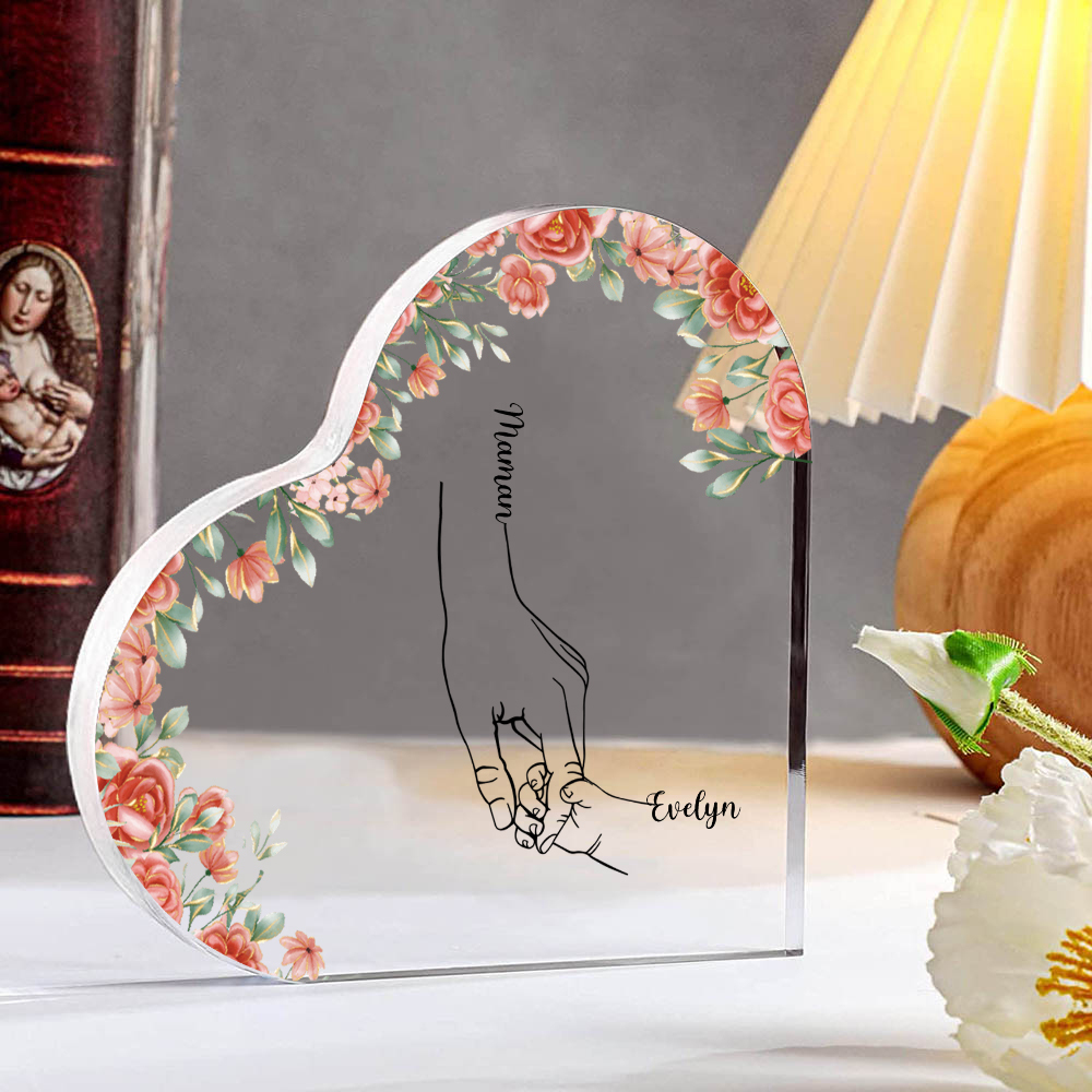 A mi mamá/abuela-Placa de acrílico en forma de corazón mano y manitas 2-6 nombres personalizados-Jessemade ES