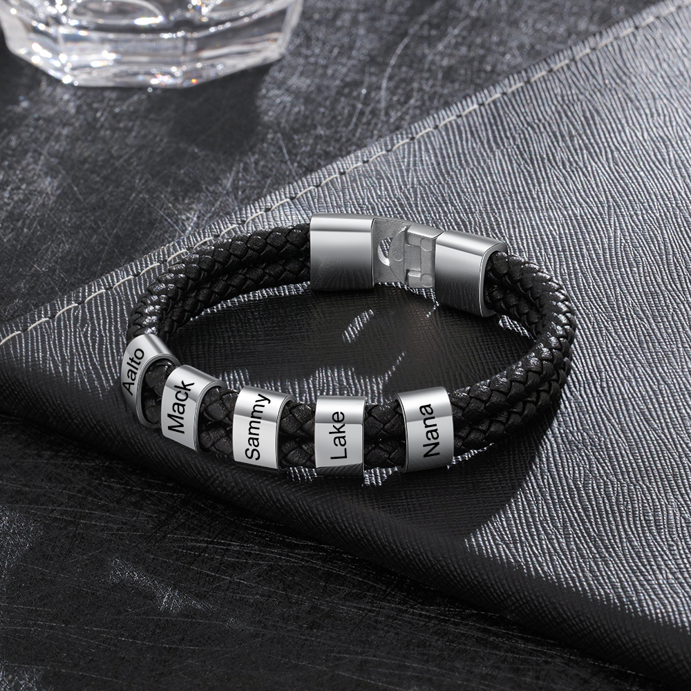 A mi papá-Pulsera de cuero trenzado Pulsera de hombre con 5 aros personalizados con 5 nombres-Jessemade ES