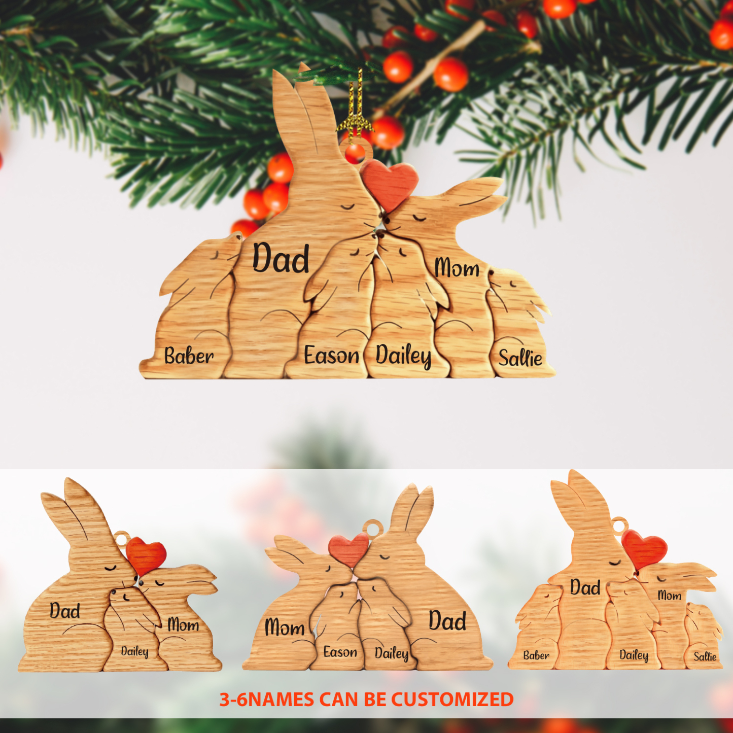 Navidad-Ornamento muñecos navideño de madera familia de conejos 5 nombres personalizados adorno del árbol-Jessemade ES