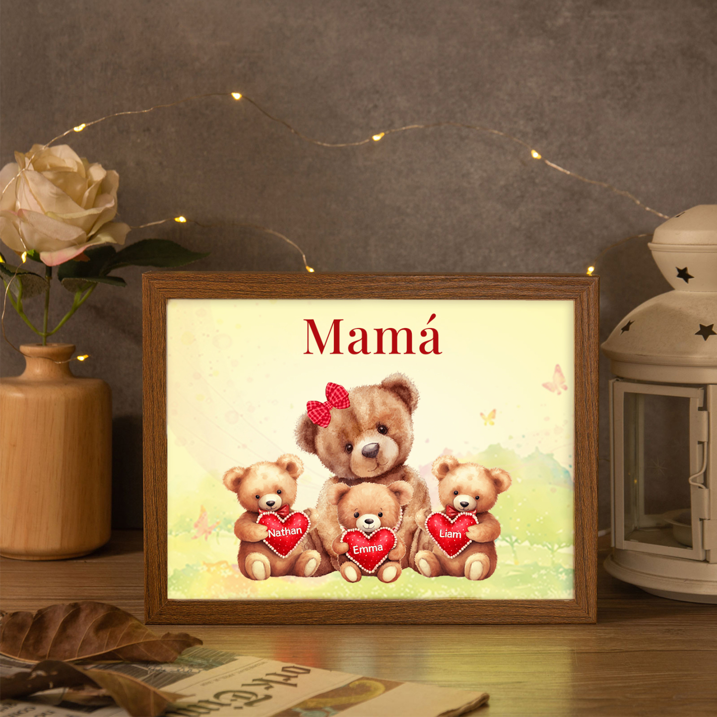 Marco con LED Familia de Osos 1-4 Nombres Personalizados con 1 Texto-Jessemade ES