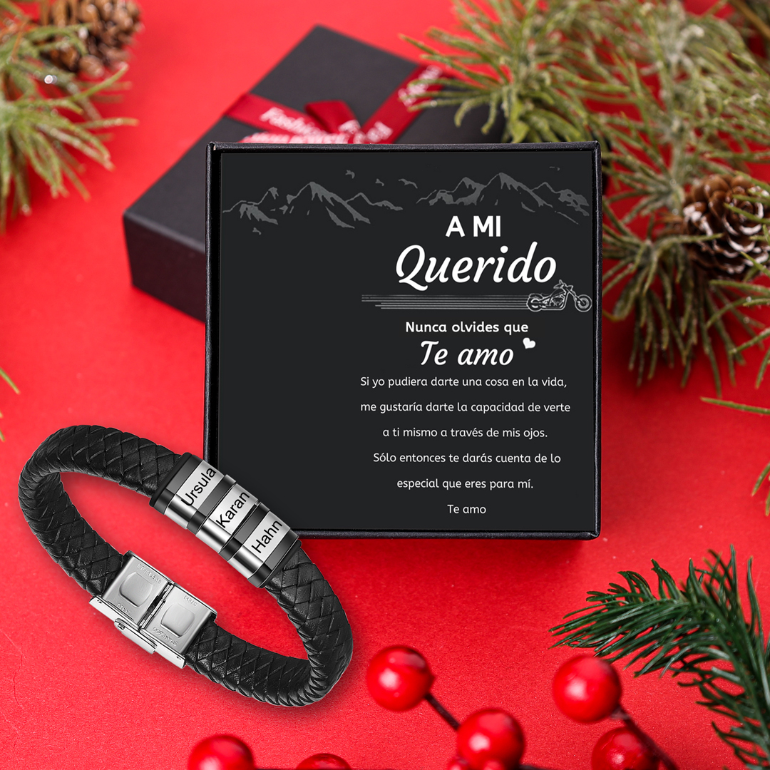 A mi querido-Pulsera de cuero trenzado de hombre con 3 perlas personalizadas con 3 nombres-Jessemade ES