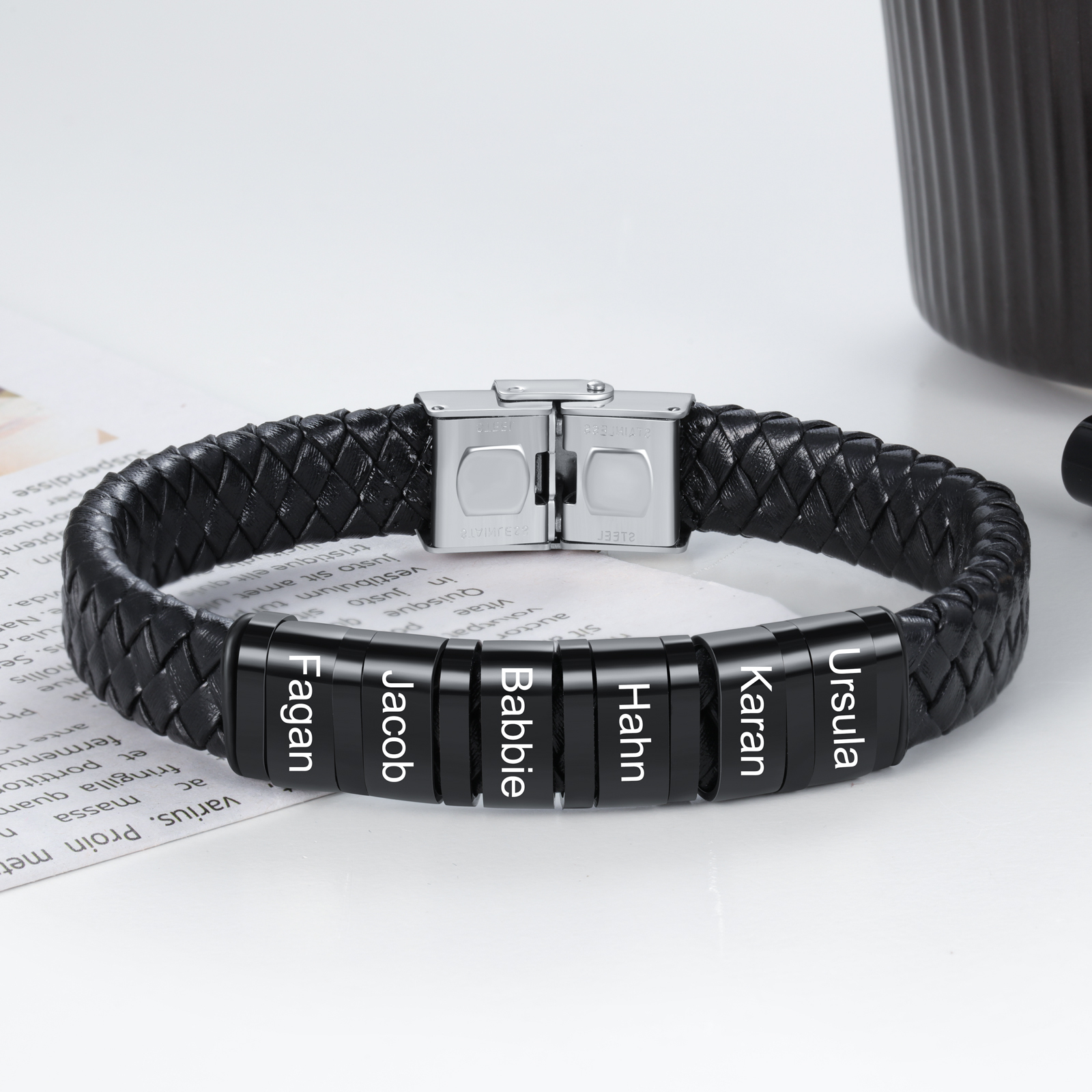 A MI PAPÁ-Pulsera de cuero trenzado de hombre con 6 perlas personalizadas con 6 nombres-Jessemade ES