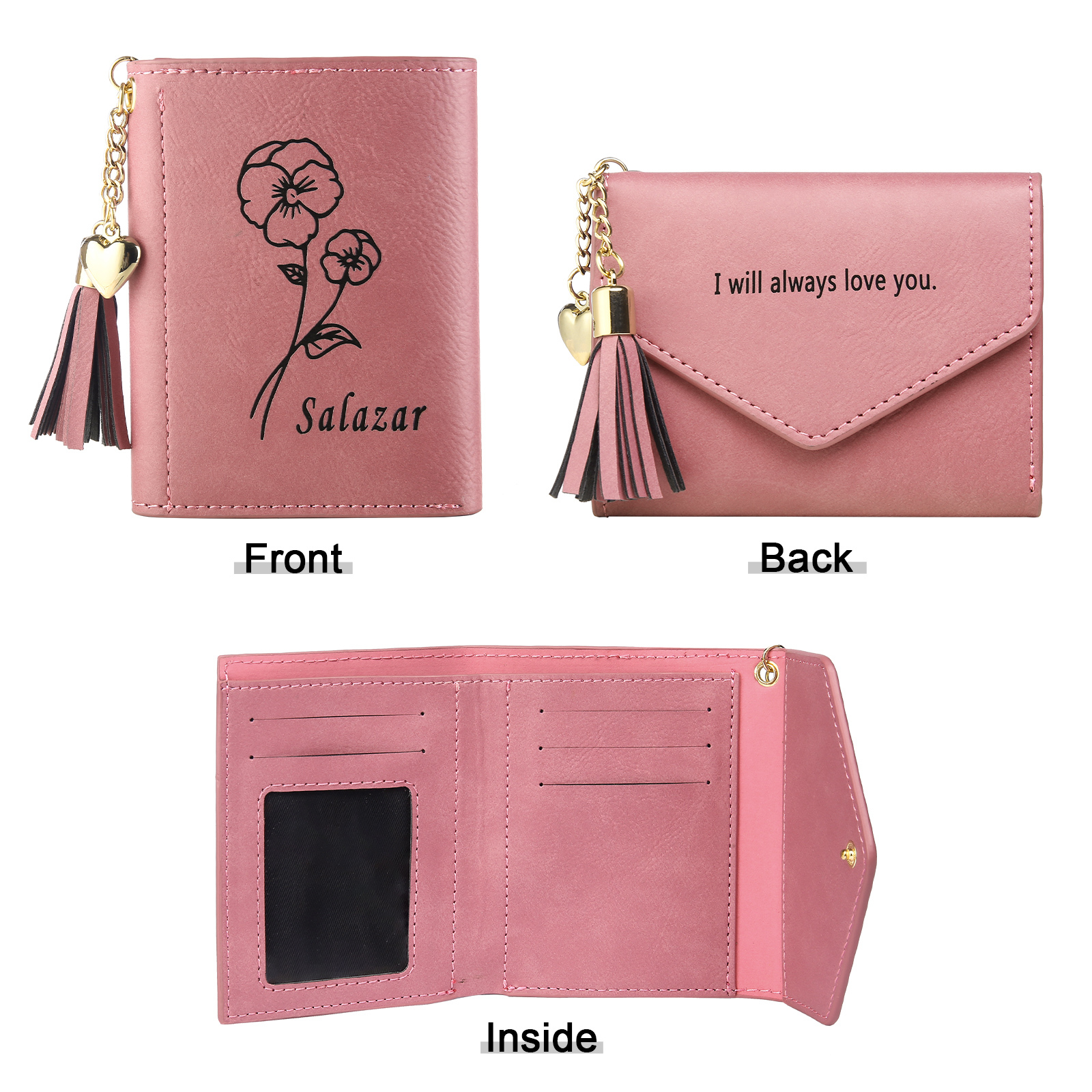 Cartera, billetera con 1 nombre, 1 flor de nacimiento y 1 texto personalizados monedero clásico para mujer-Jessemade ES