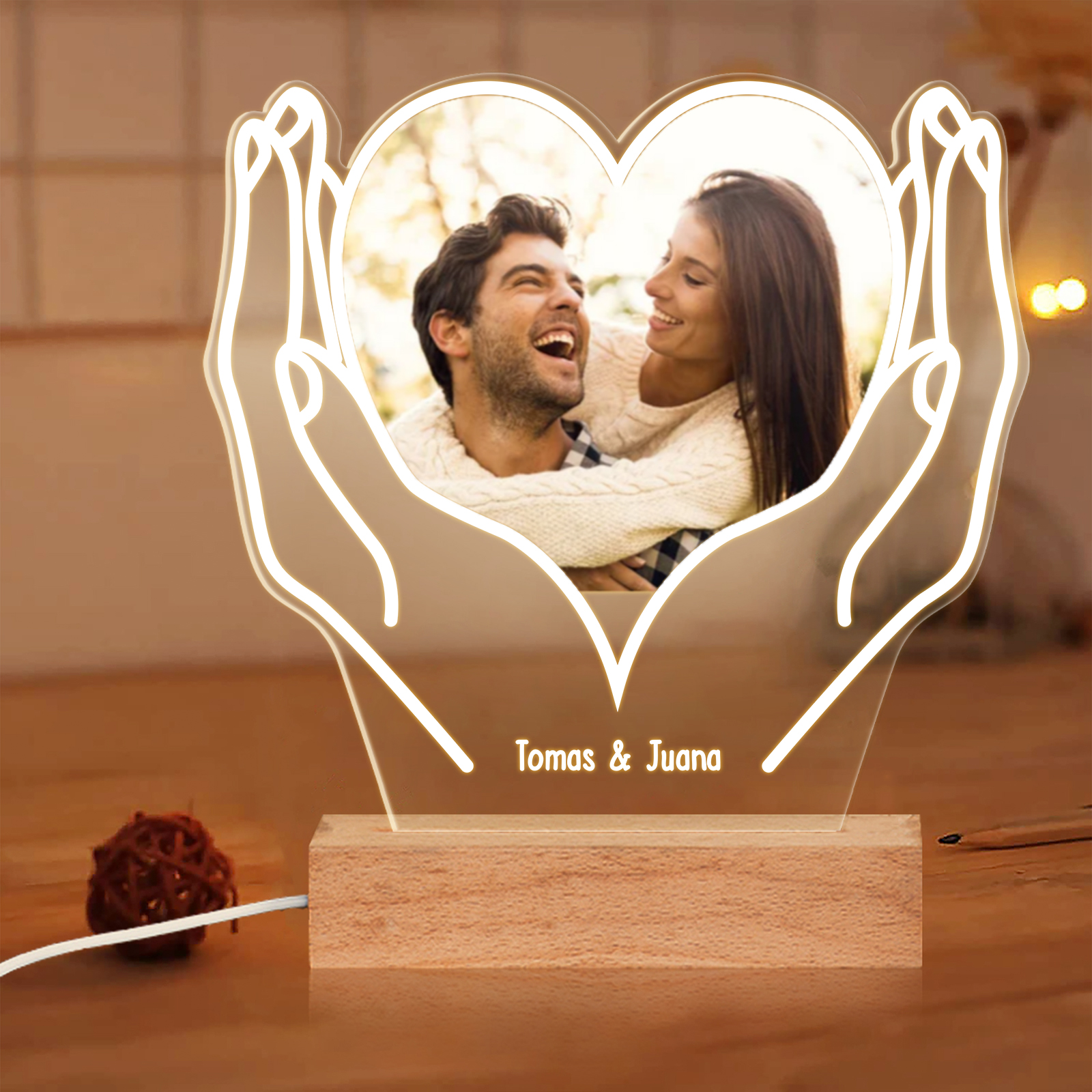 Lámpara para pareja en forma de corazón foto y nombres personalizados-Jessemade ES