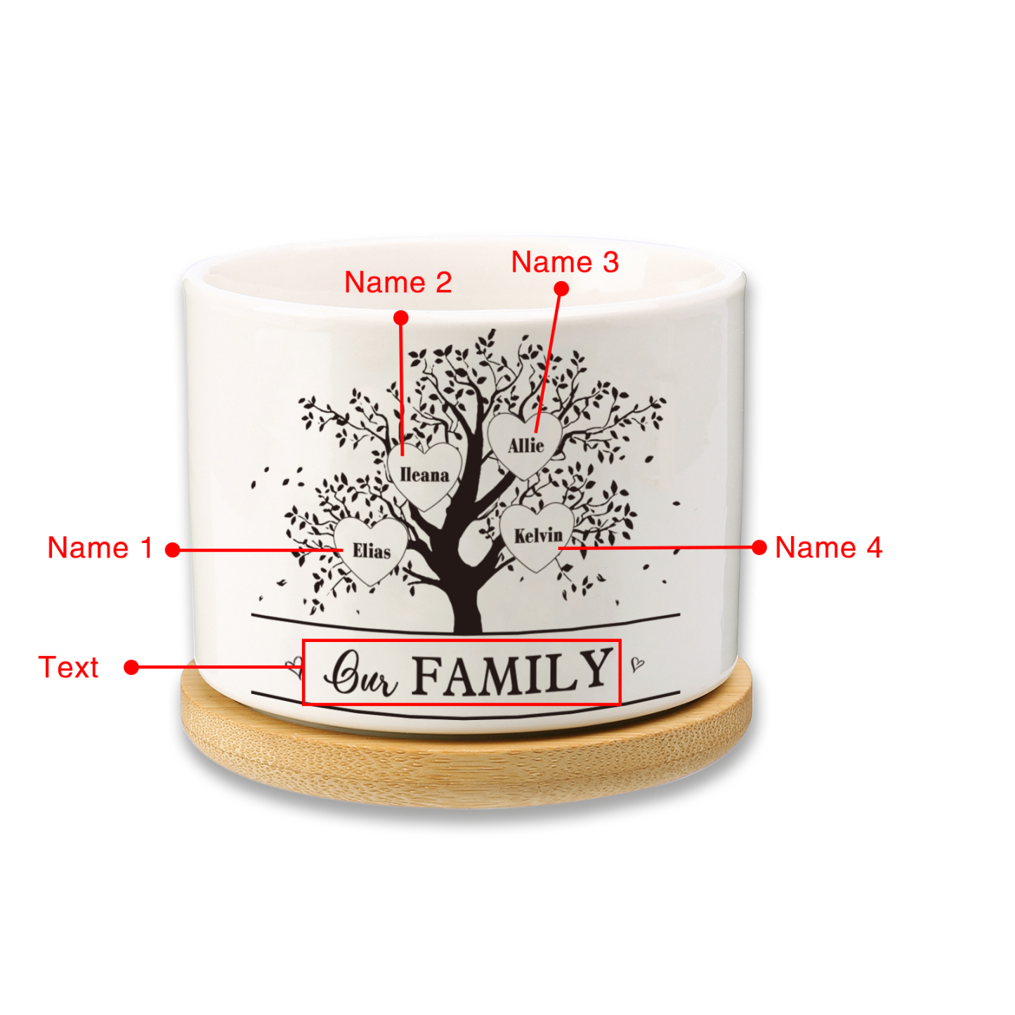 Florero con base de cerámica árbol de corazones 2-8 nombres personalizados con texto decoración del hogar-Jessemade ES