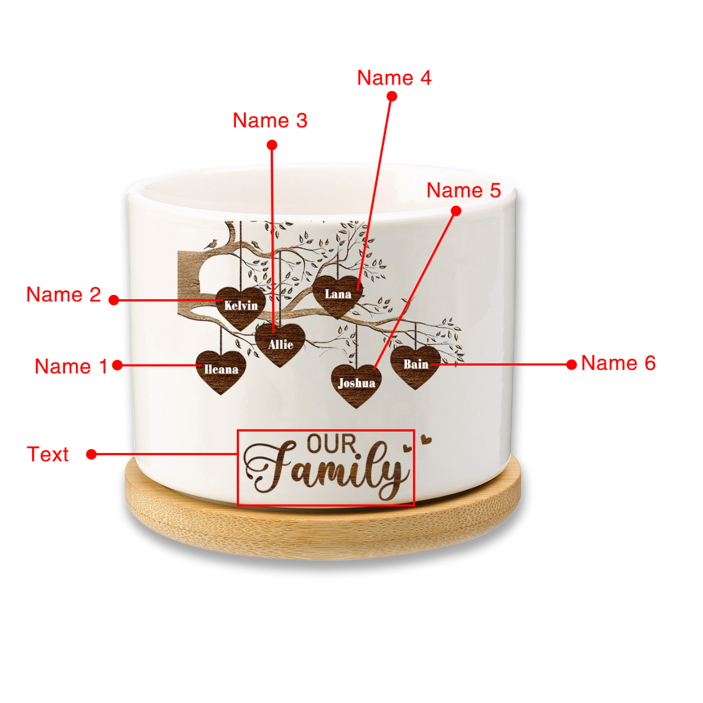 Florero con base de cerámica árbol de corazones 2-8 nombres personalizados con texto decoración del hogar-Jessemade ES