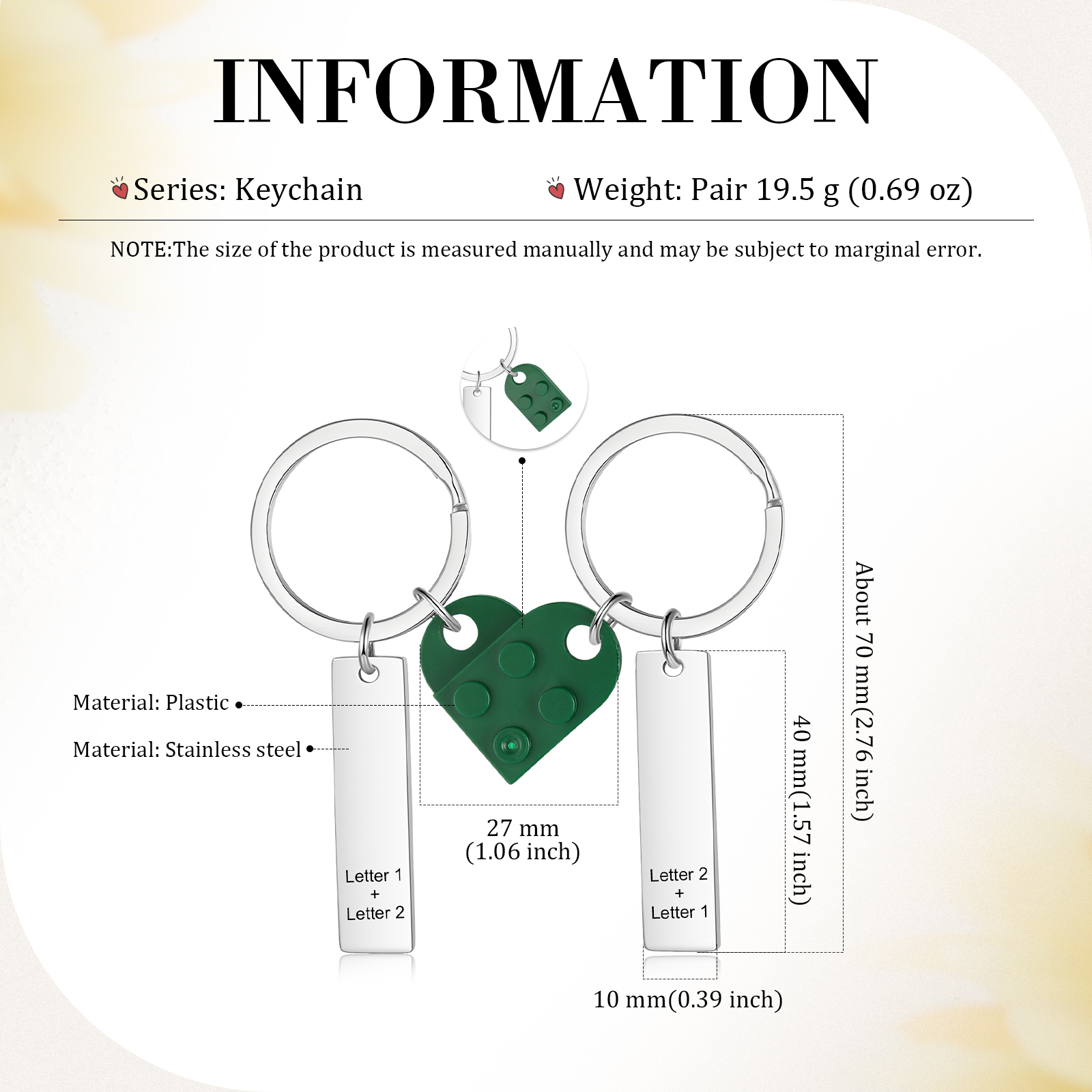 Llavero con piezas de corazón para pareja 2 letras personalizadas-Jessemade ES