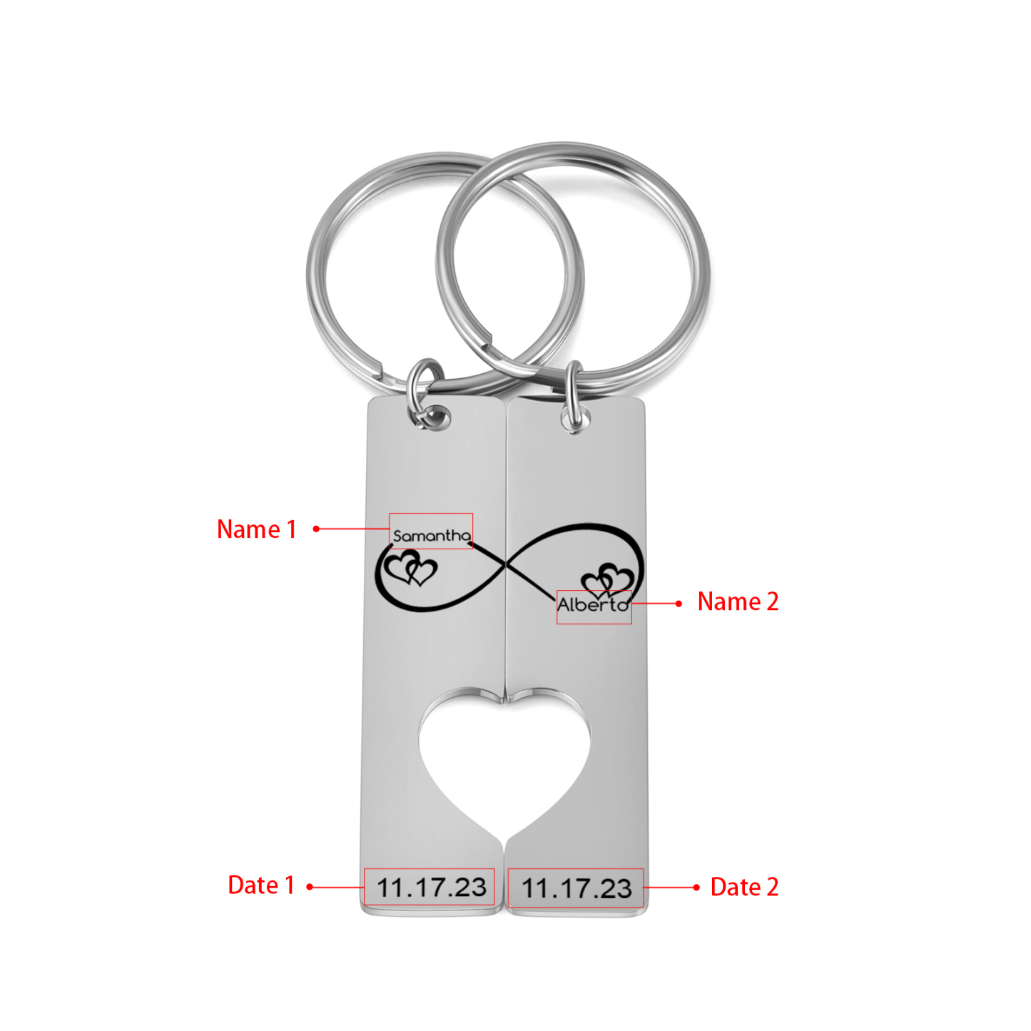 Llavero con corazón encajado para pareja nudo infinito 2 nombres personalizados con fecha-Jessemade ES