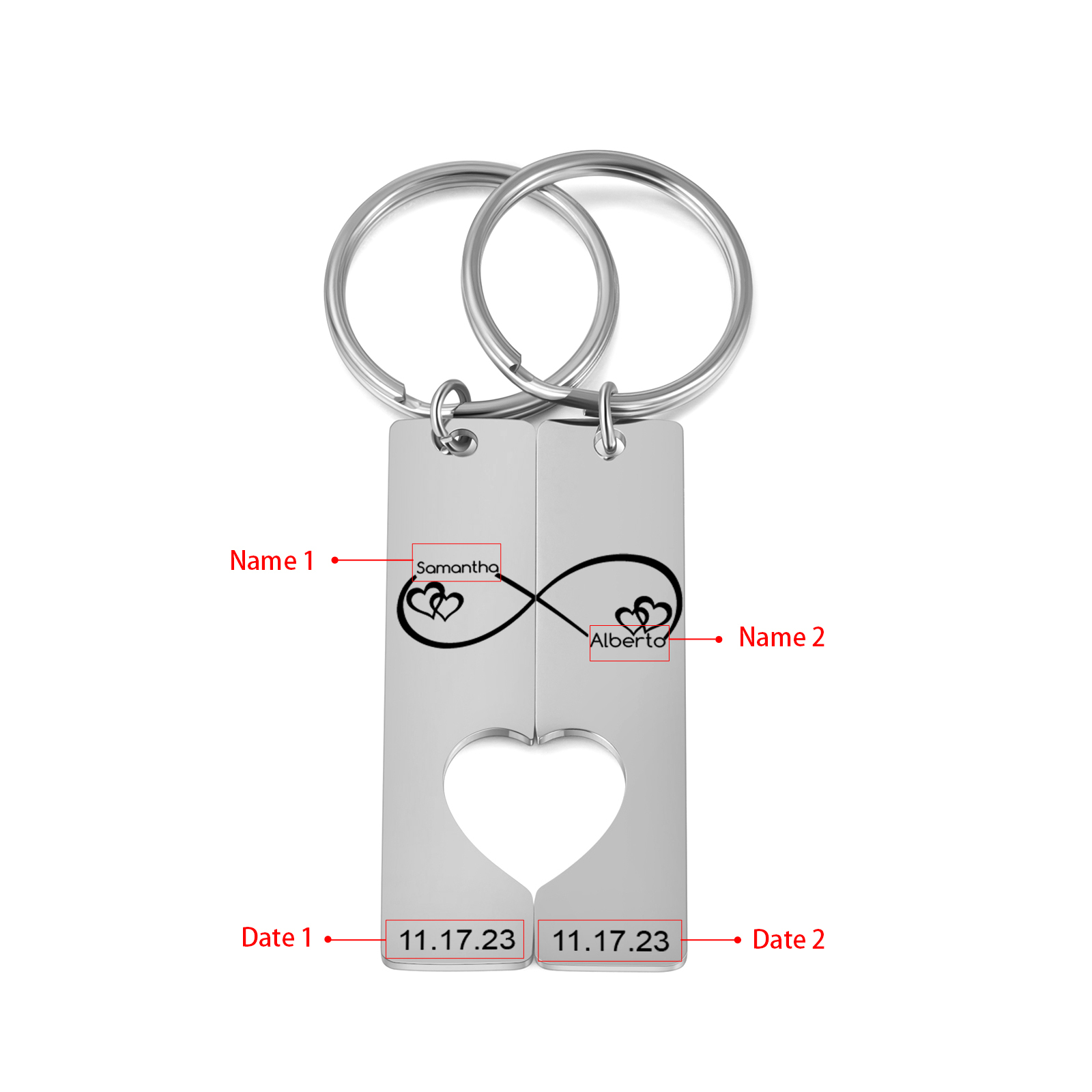 Llavero con corazón encajado para pareja nudo infinito 2 nombres personalizados con fecha-Jessemade ES