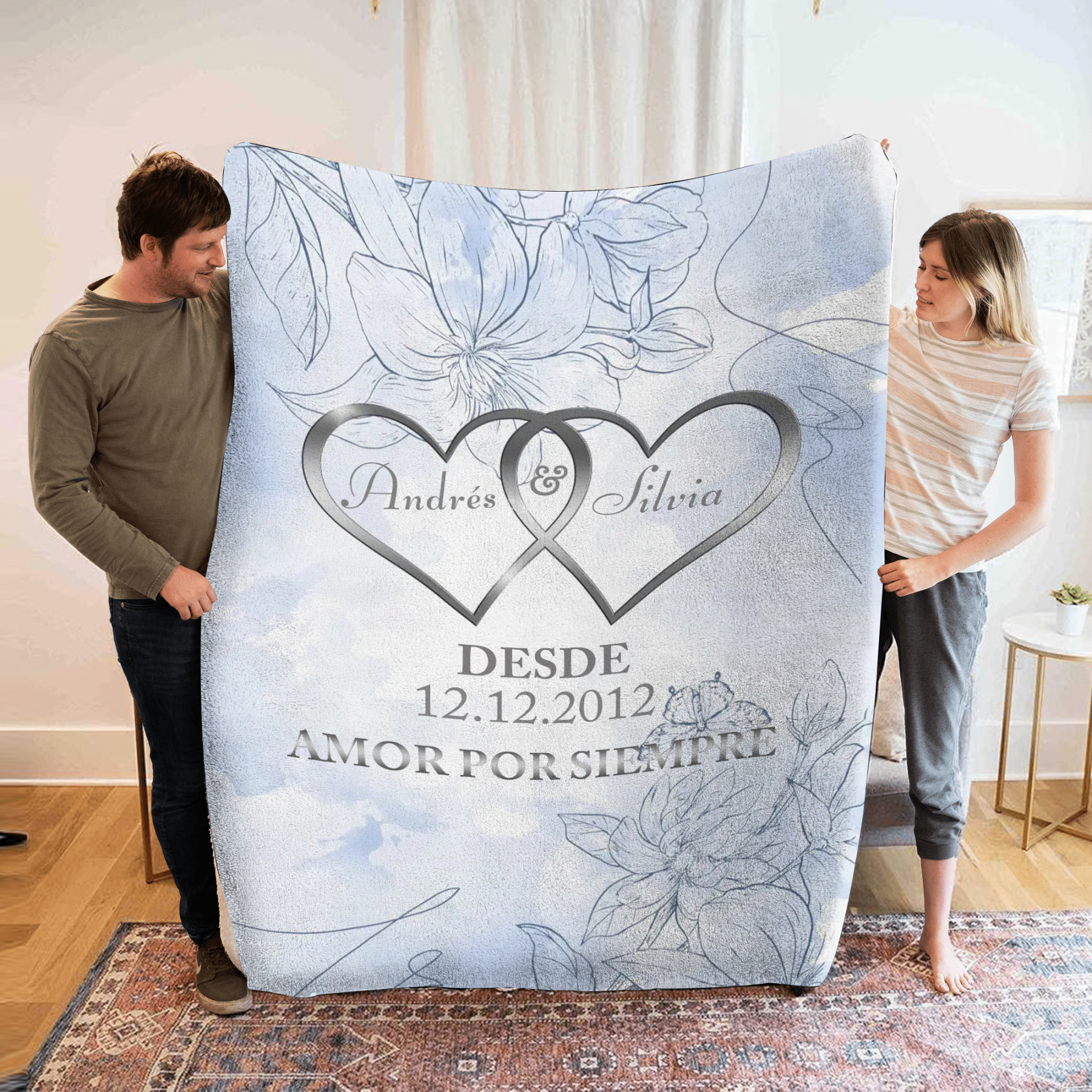 Pareja-Manta de buen calidad de corazones conectados personalizada con nombres, texto y fecha 4 colores-Jessemade ES