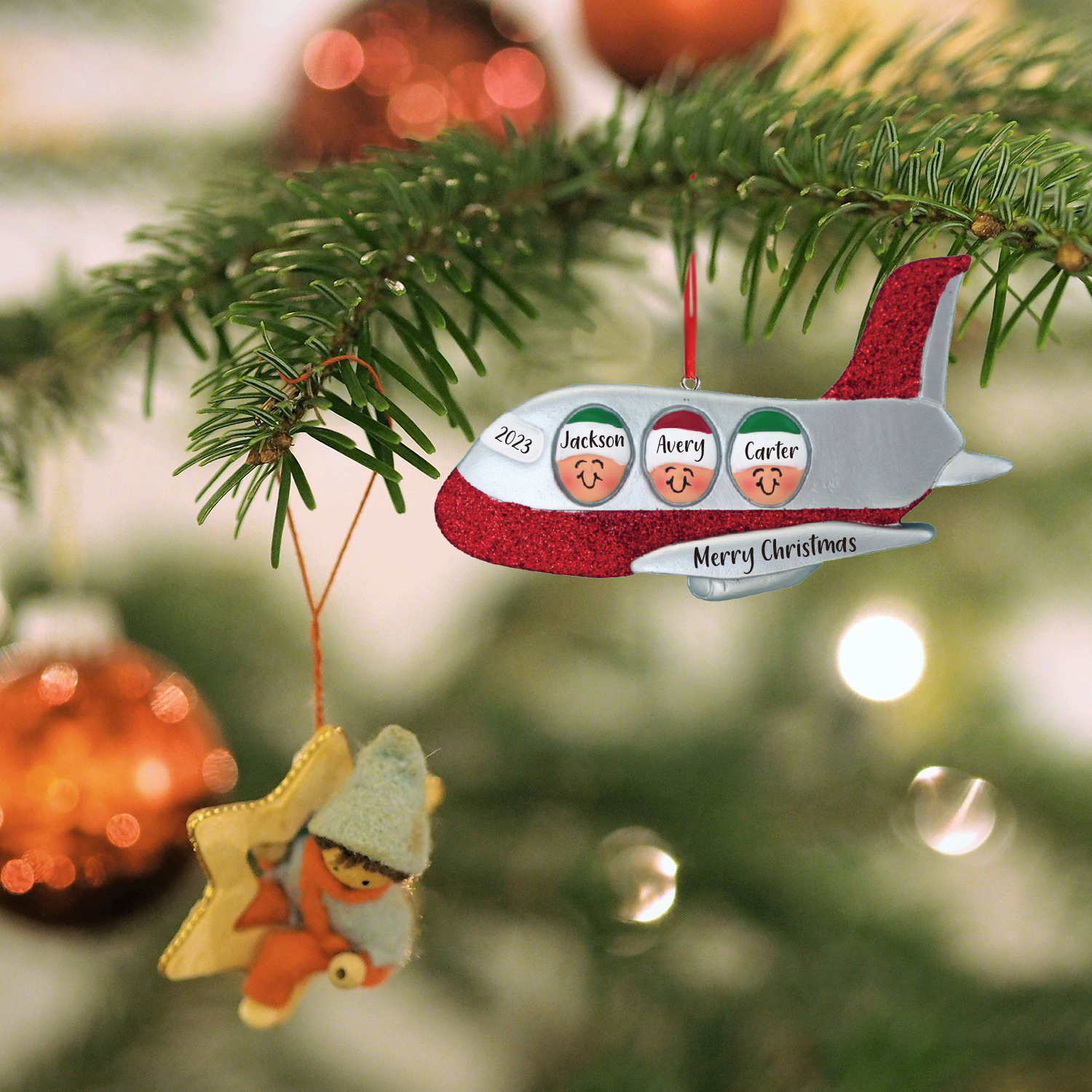 Navidad-Ornamento muñecos navideño de madera viaje en avión 3 nombres, 1 texto y 1 año personalizados adorno del árbol-Jessemade ES