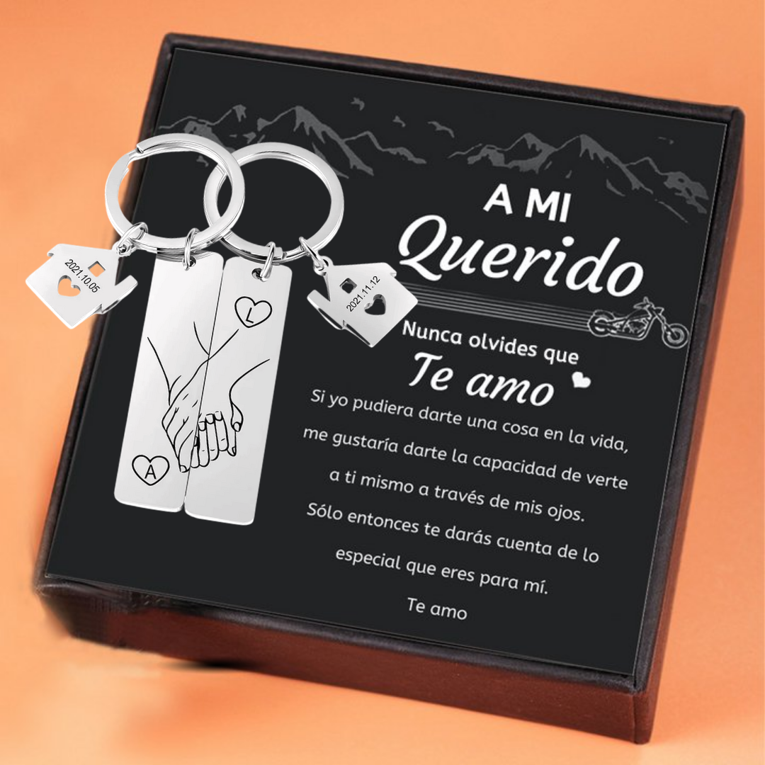 A mi querido - Llavero para pareja mano con mano 2 letras personalizadas con fecha con colgante de casa | Jessemade