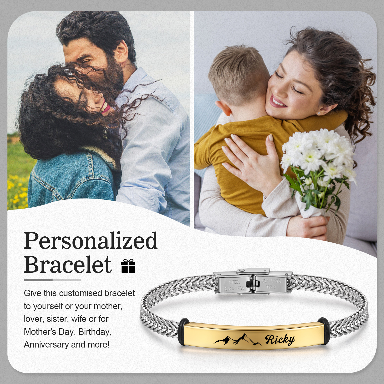 Pulsera de Cadena con Placa de Montaña Nombre Personalizado-Jessemade ES