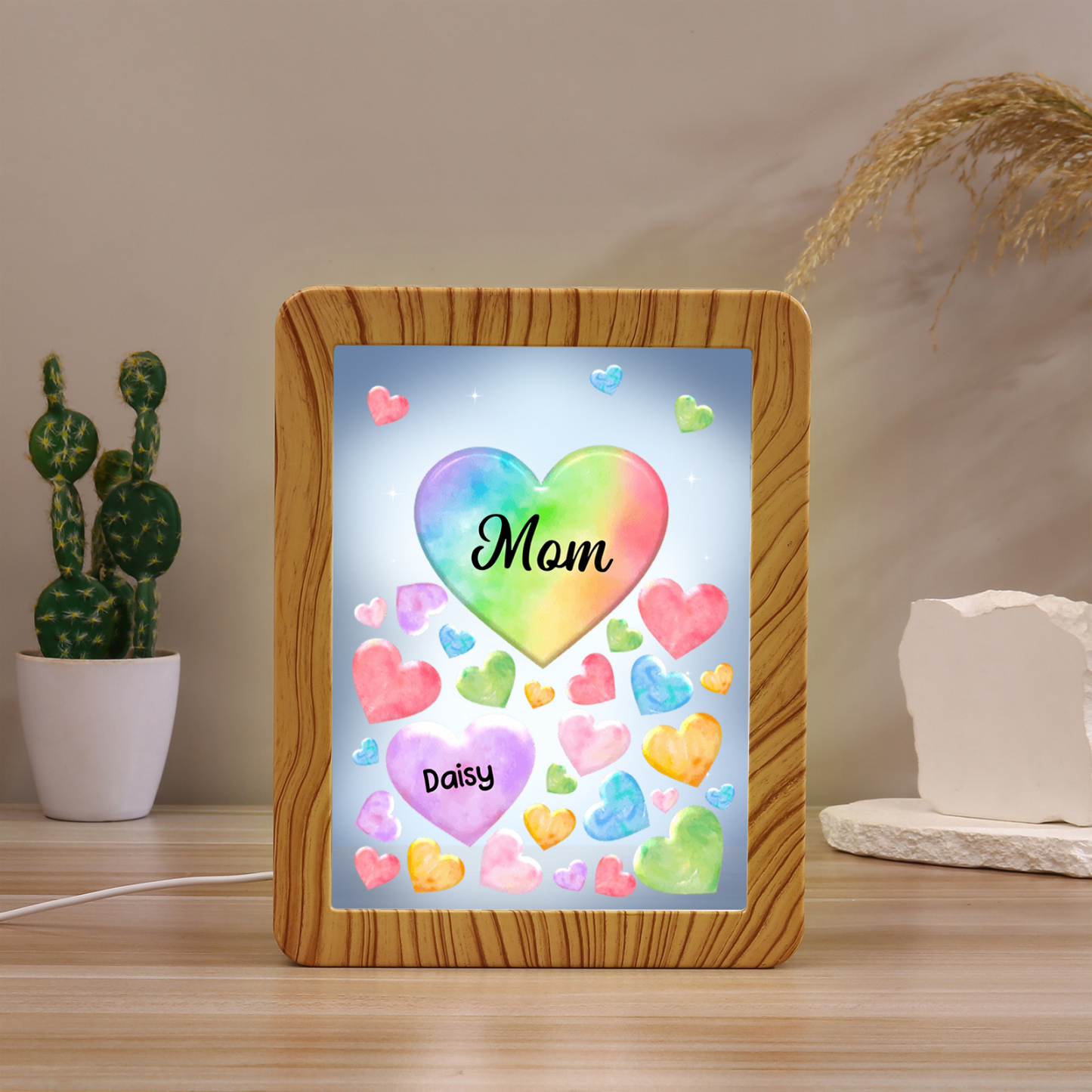 Marco/Espejo con LED Multifuncional Corazones 1-7 Nombres Personalizados con 1 Texto-Jessemade ES