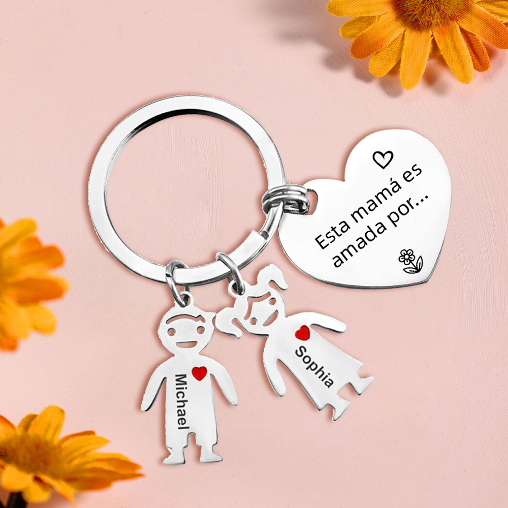 A mi mamá - Kit de regalo de cartera, llavero con "2 niños", tarjeta y caja nombre y flor de nacimiento personalizados | Jessemade