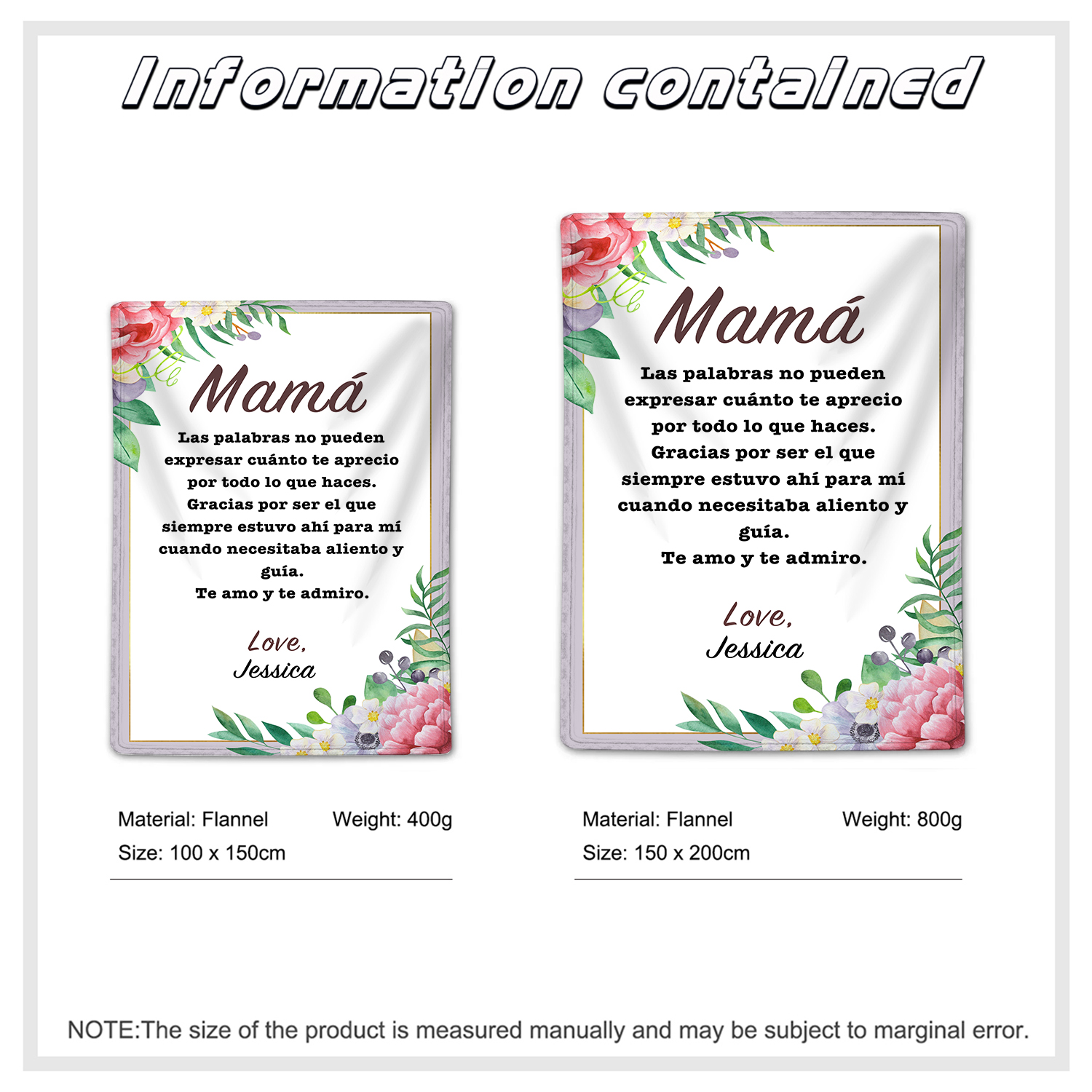 A mi mamá-Manta de buen calidad con frase amoroso y personalizada con 1 nombre-Jessemade ES