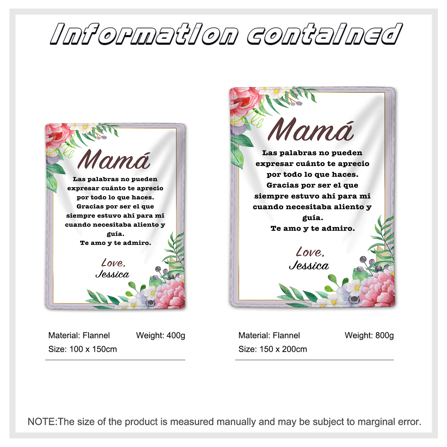 A mi mamá-Manta de buen calidad con frase amoroso y personalizada con 1 nombre-Jessemade ES