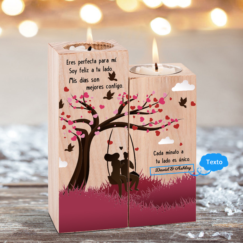 Candelero de siluetas de pareja de madera de dos piezas sin candela con 1 texto personalizado-Jessemade ES