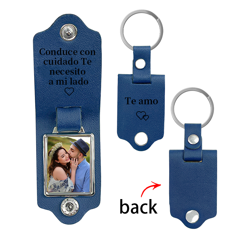 Llavero para pareja de cuero personalizado con 1 texto y foto-Jessemade ES