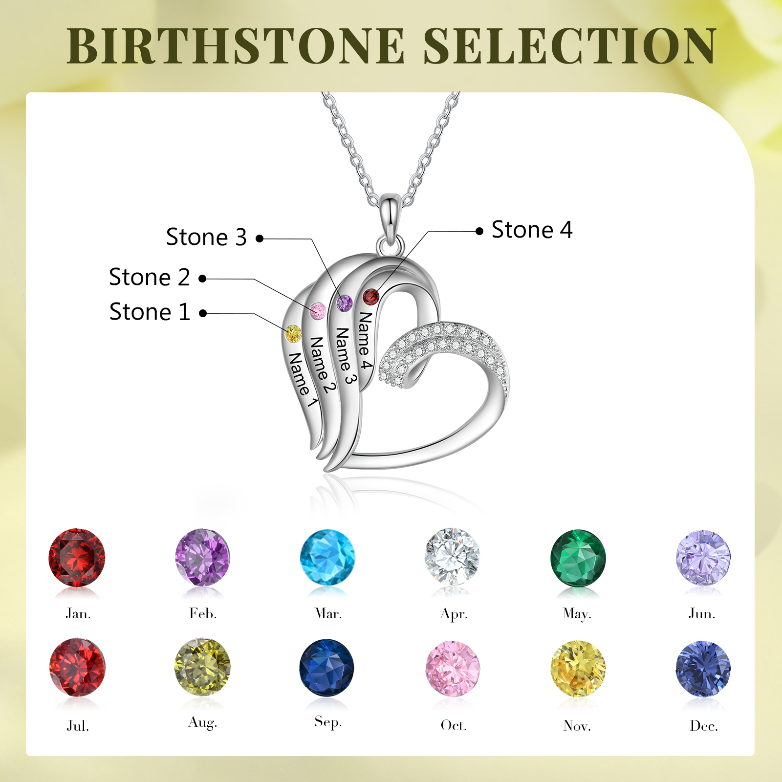 Collar en corazón con 2-5 nombres personalizados y 2-5 piedras de nacimiento-Jessemade ES