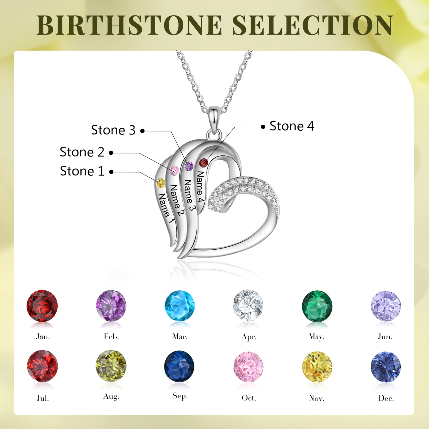Collar en corazón con 2-5 nombres personalizados y 2-5 piedras de nacimiento-Jessemade ES