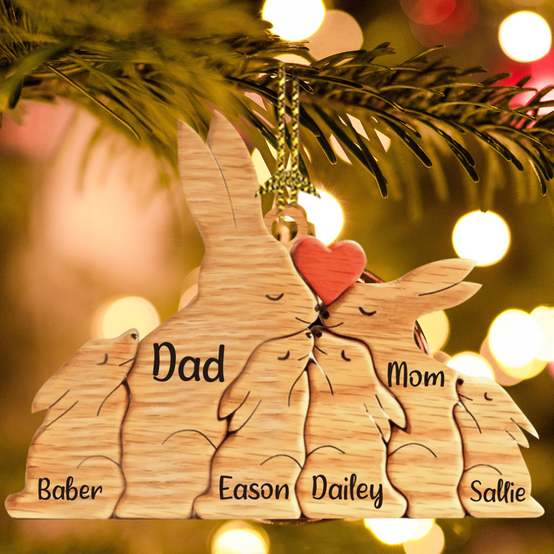 Navidad-Ornamento muñecos navideño de madera familia de conejos 6 nombres personalizados adorno del árbol-Jessemade ES