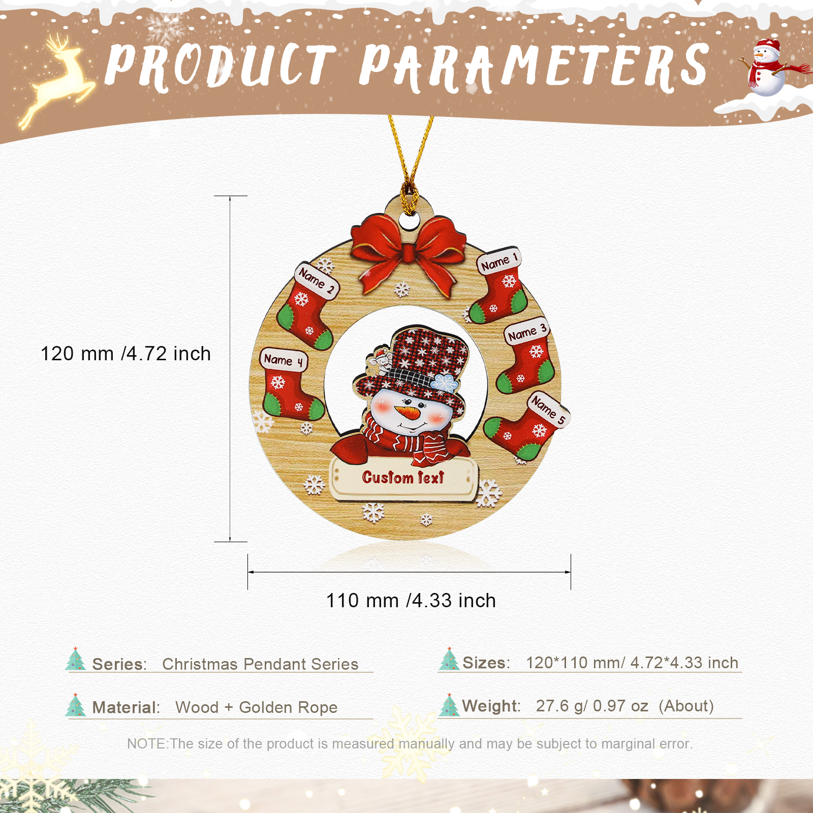 Navidad-Ornamentos Navideños de Madera Muñecos de Nieve y Calcetines 5 Nombres con Texto Personalizados-Jessemade ES