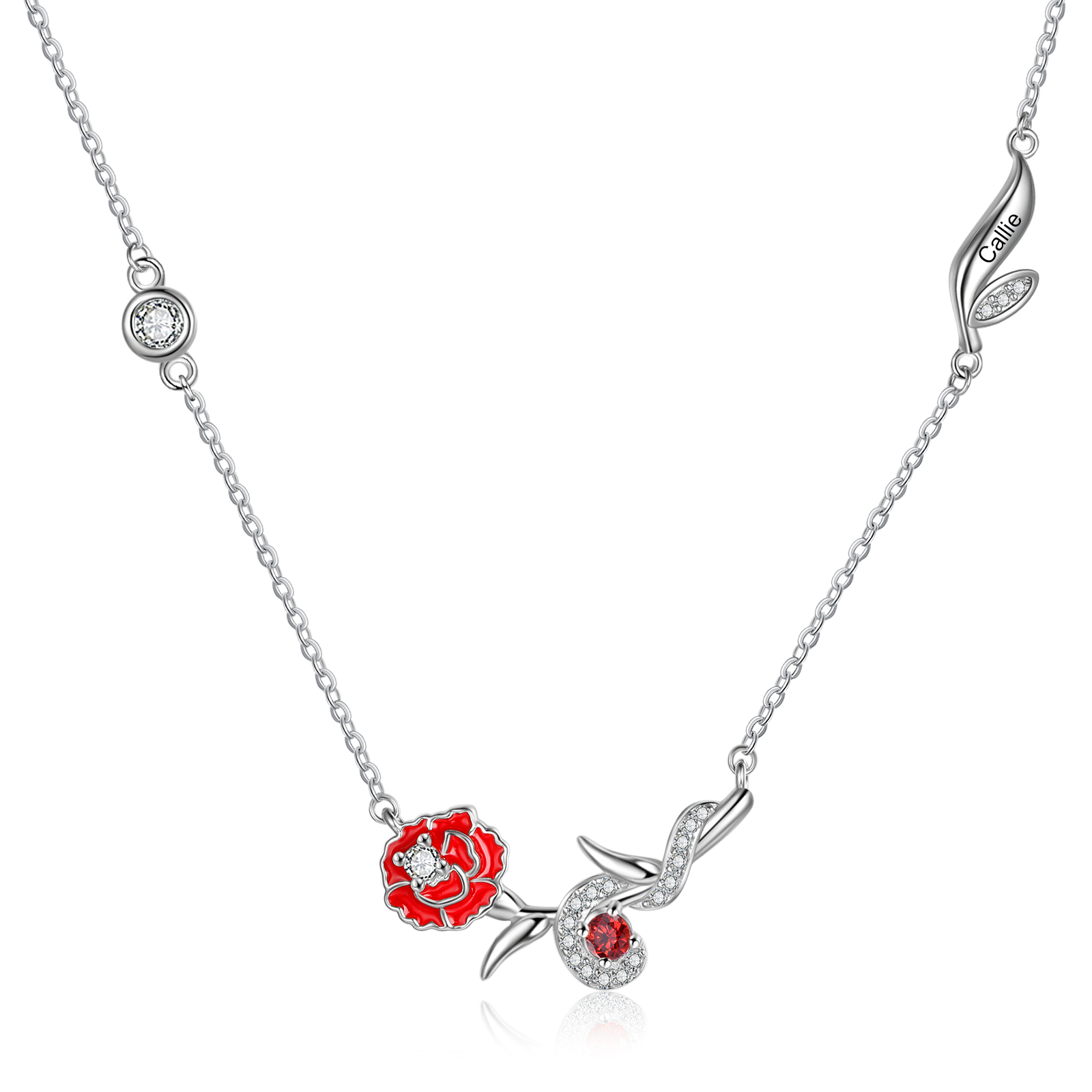 Collar de flor de enero clavel con nombre personalizado y piedra de nacimiento-Jessemade ES