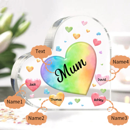 A mi mamá/abuela-Placa de acrílico "Corazones" en forma de corazón 4 nombres y 1 texto personalizados-Jessemade ES