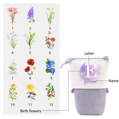 Estuche personalizado con nombre, letra y flor de nacimiento con diseños coloridos para niños