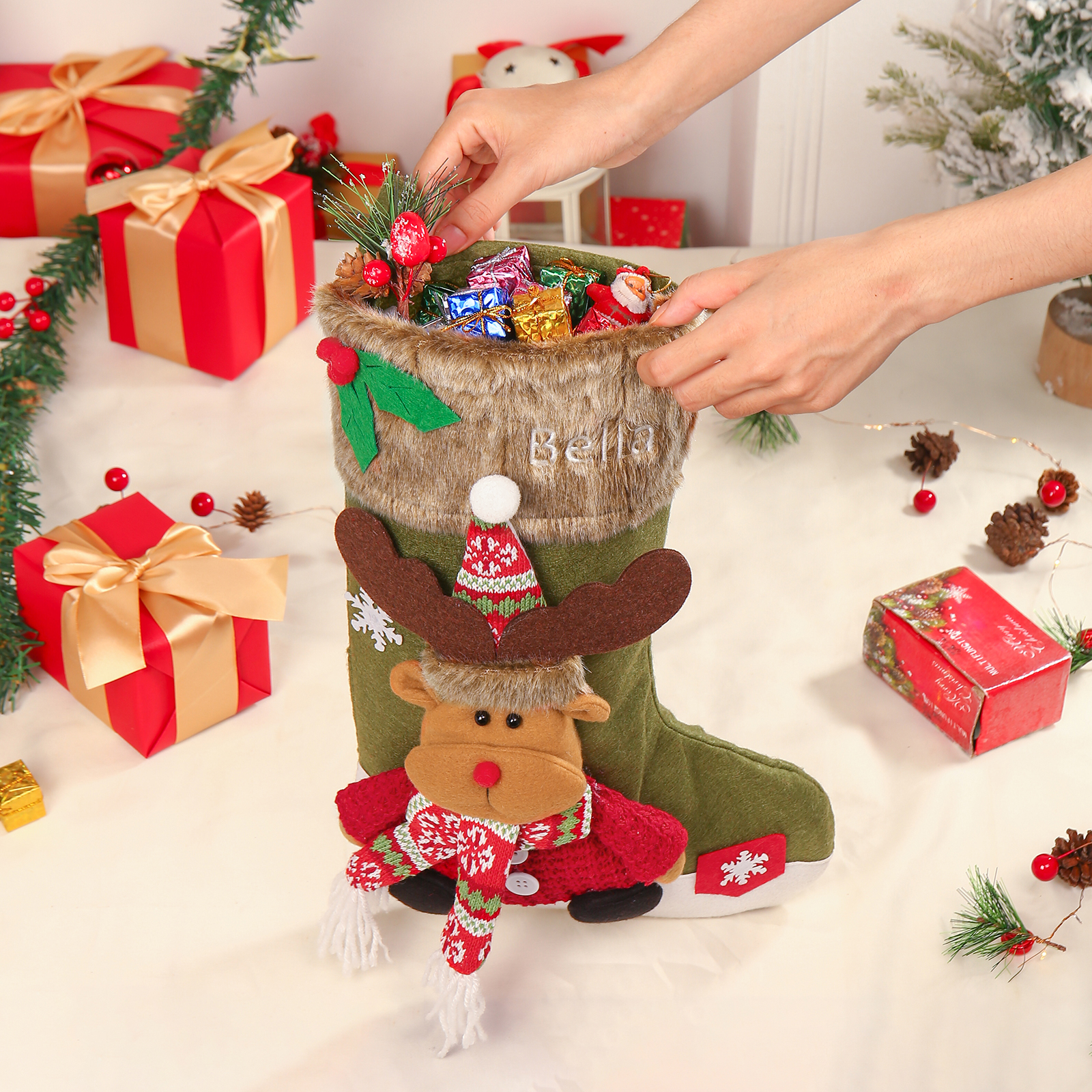 Adornos de medias navideñas con muñeco Bolsa de regalo 1 Nombre personalizado-Jessemade ES