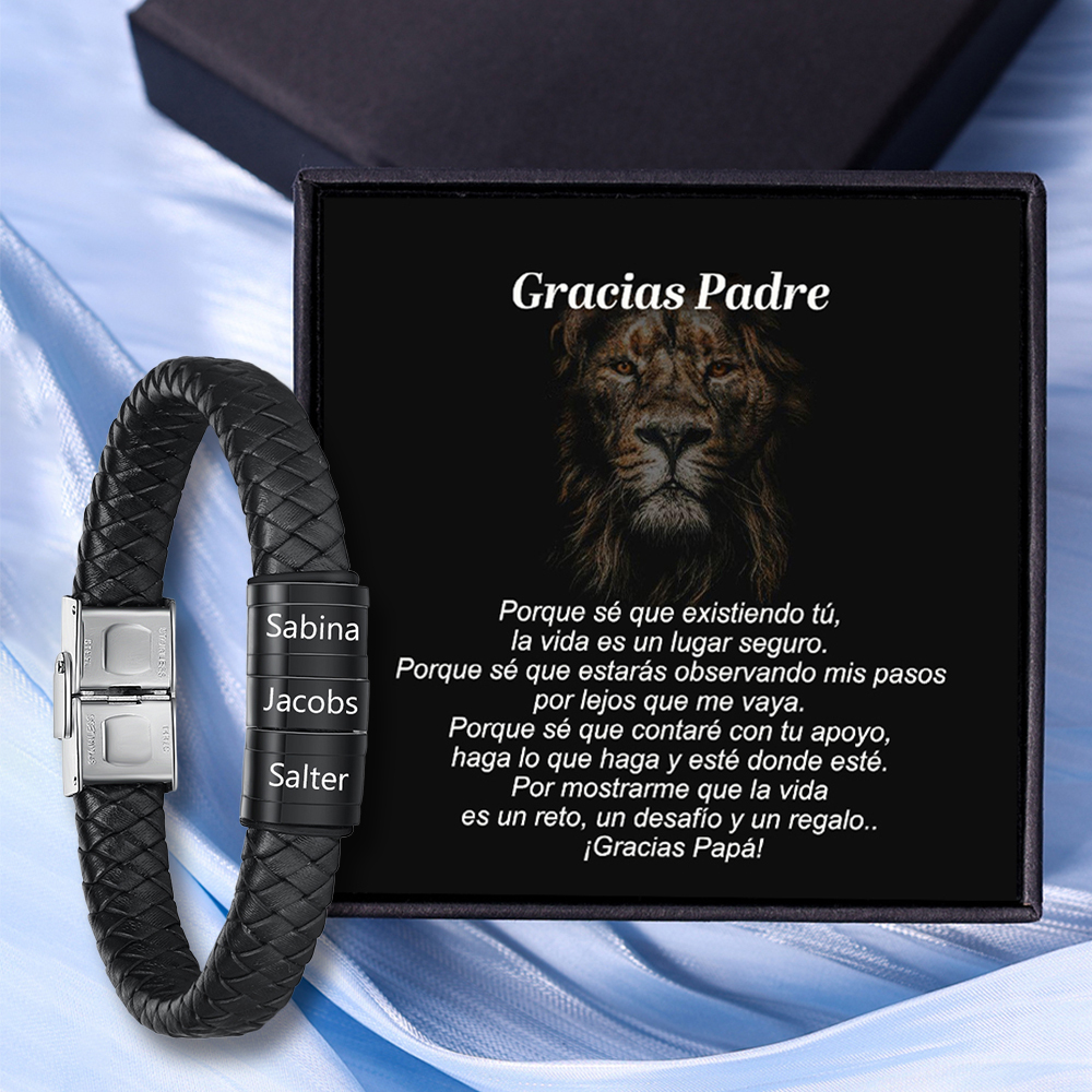 A MI PAPÁ-Pulsera de cuero trenzado de hombre con 3 perlas personalizadas con 3 nombres-Jessemade ES