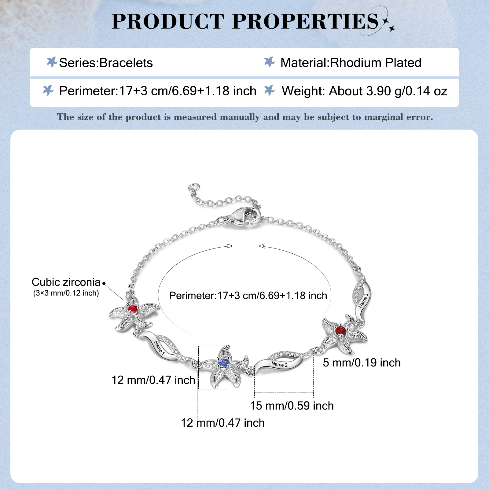 Pulsera con dije de estrella de mar para mujer personalizada con 3 nombres y 3 piedras de nacimiento-Jessemade ES