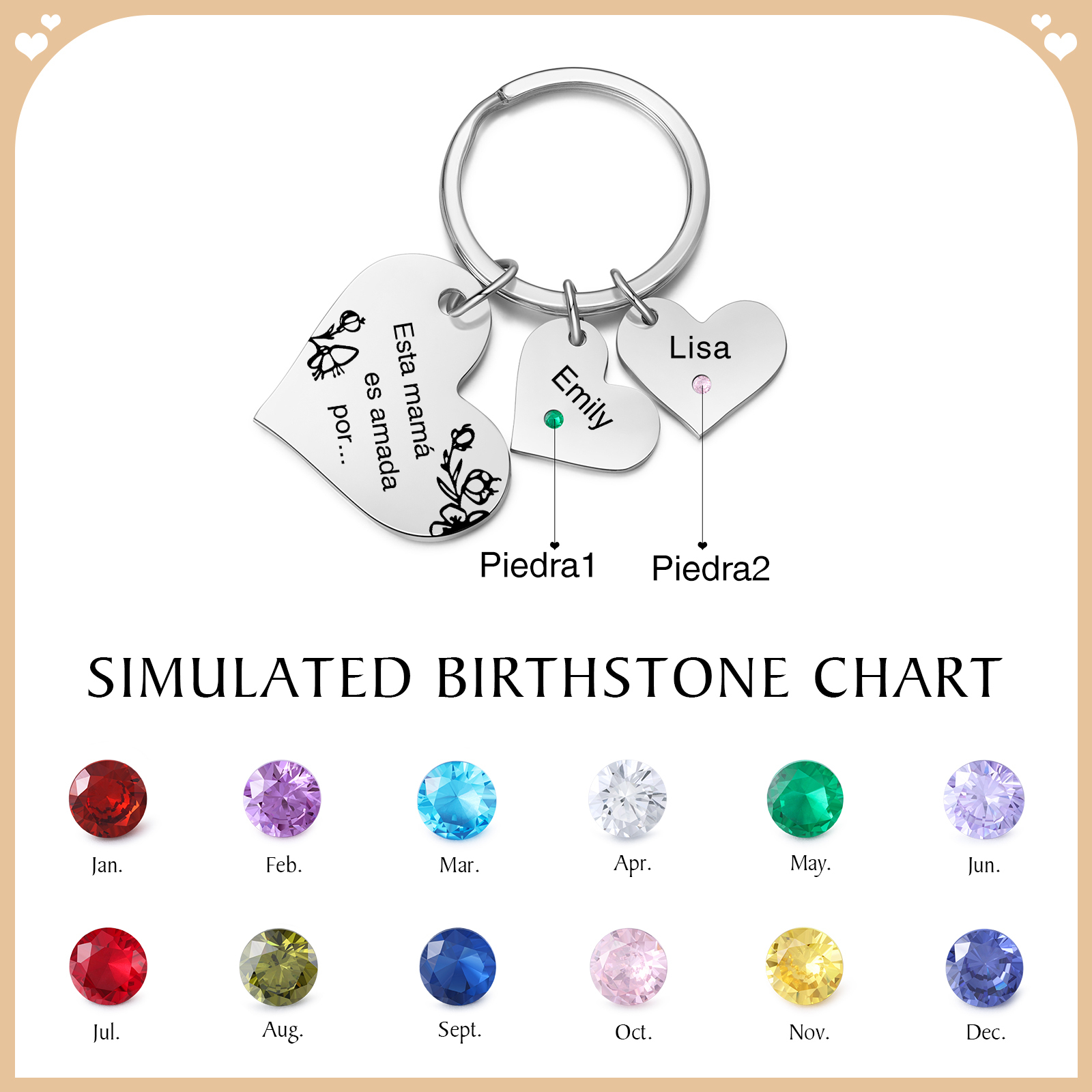 A mi mamá/abuela - Llavero con 2 nombres y piedras de nacimiento personalizados en corazones con texto-Jessemade ES