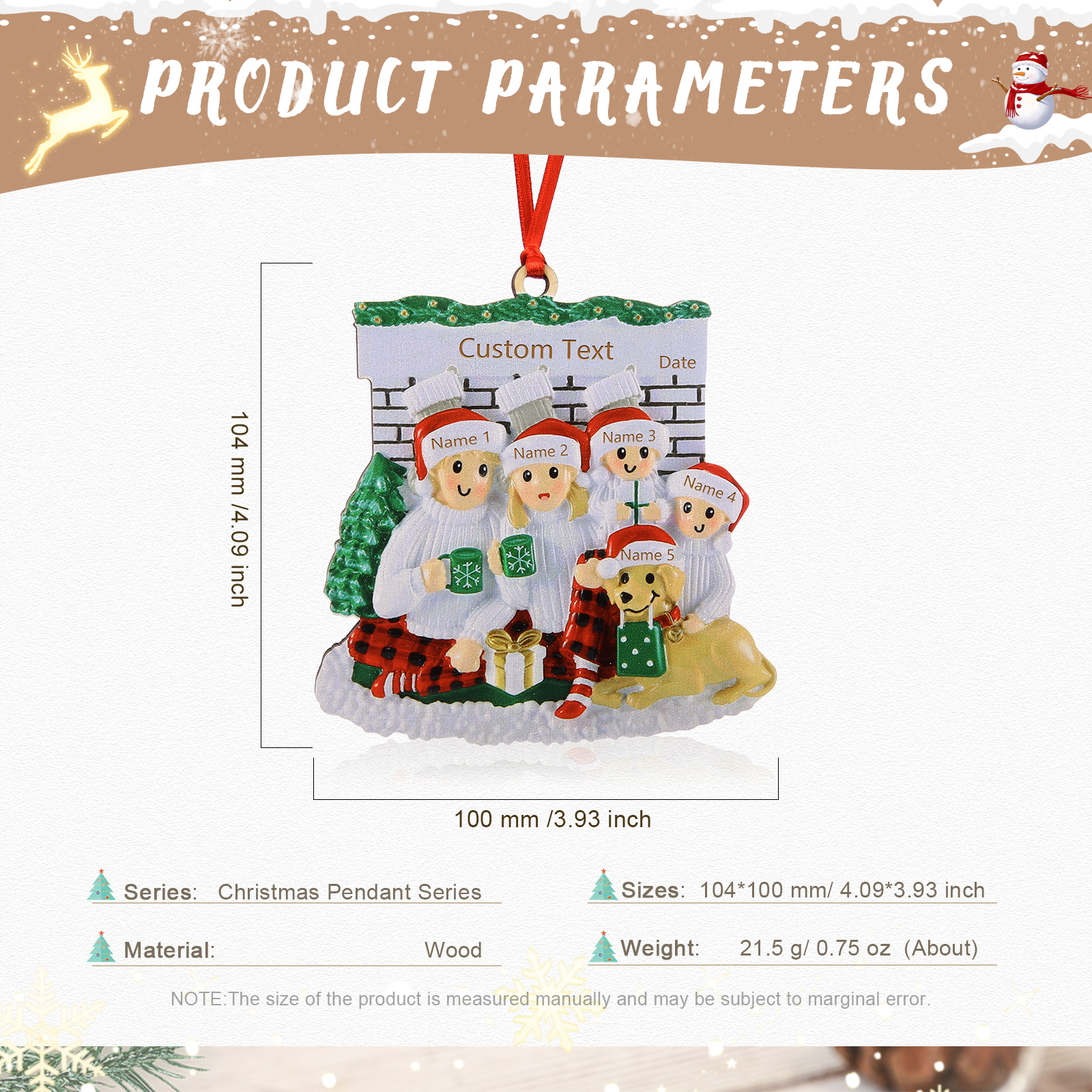 Navidad-Muñecos Ornamentos Navideños Familia con Perro 3-5 Nombres, Año y Texto Personalizados Adorno de Madera-Jessemade ES