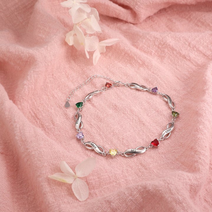 Pulsera "infinito" personalizada con 4 nombres y 4 piedras de nacimiento de corazón-Jessemade ES