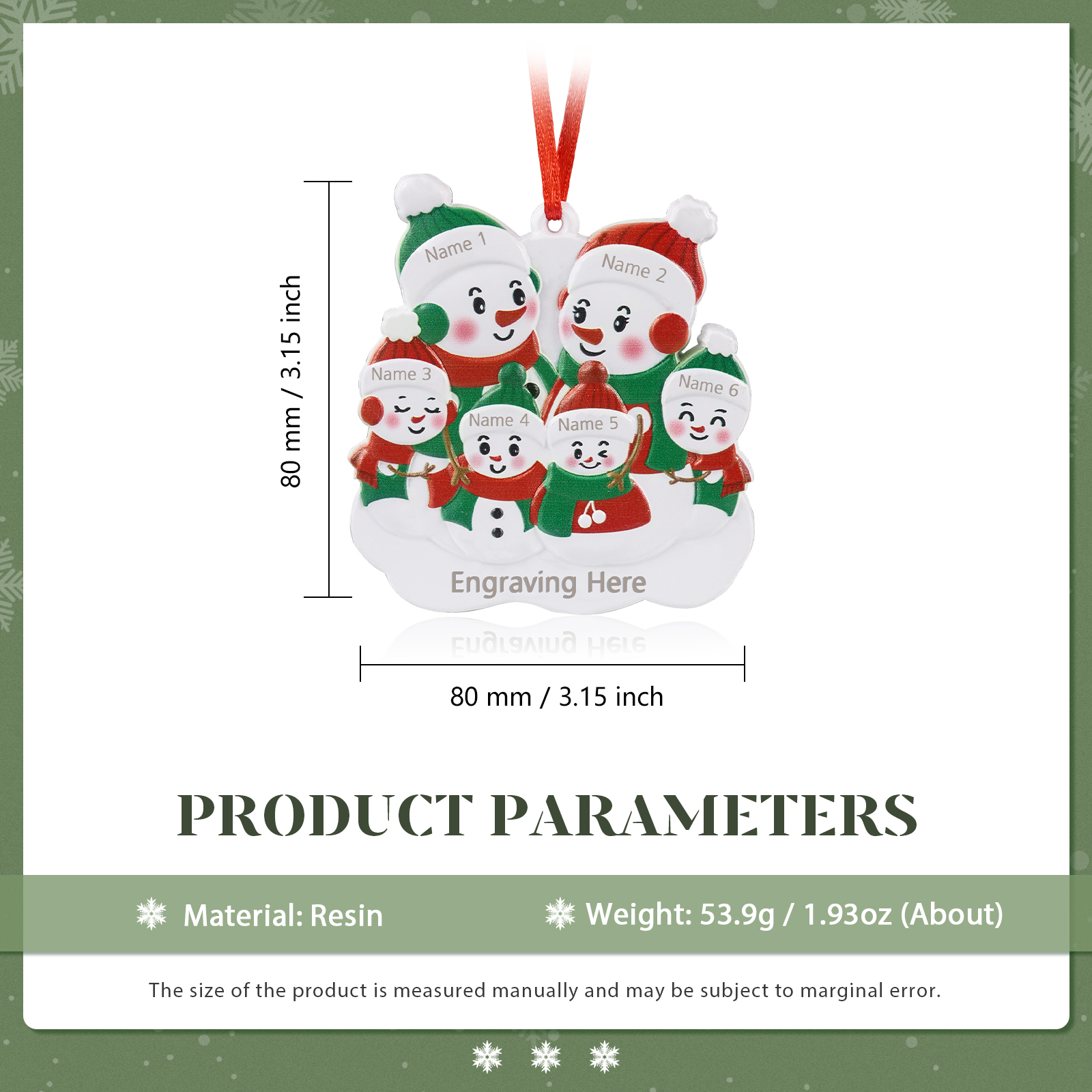 Navidad-Ornamento de resina con muñecos de nieve 6 nombres personalizados con texto adorno de árbol