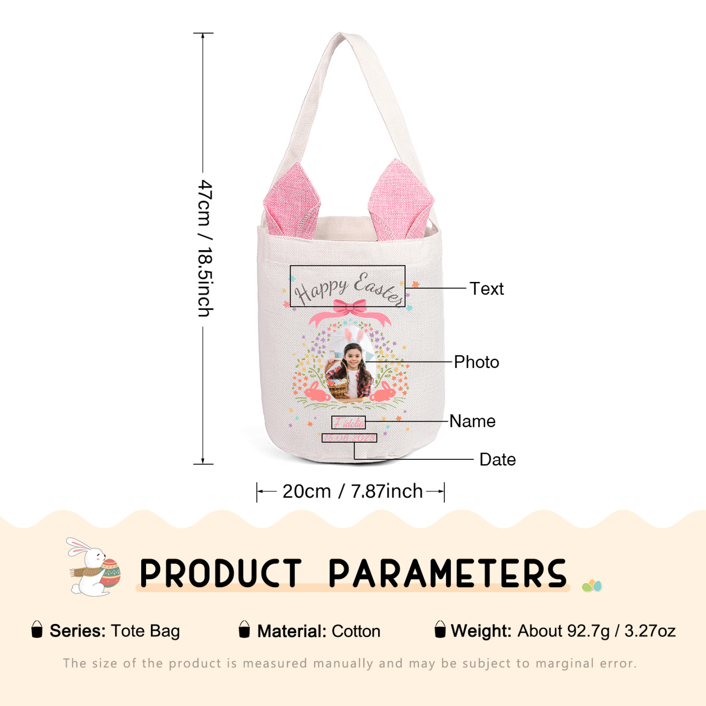 Pascua-Bolsa de conejo con 1 nombre, 1 texto, 1 fecha y 1 foto personalizados-Jessemade ES