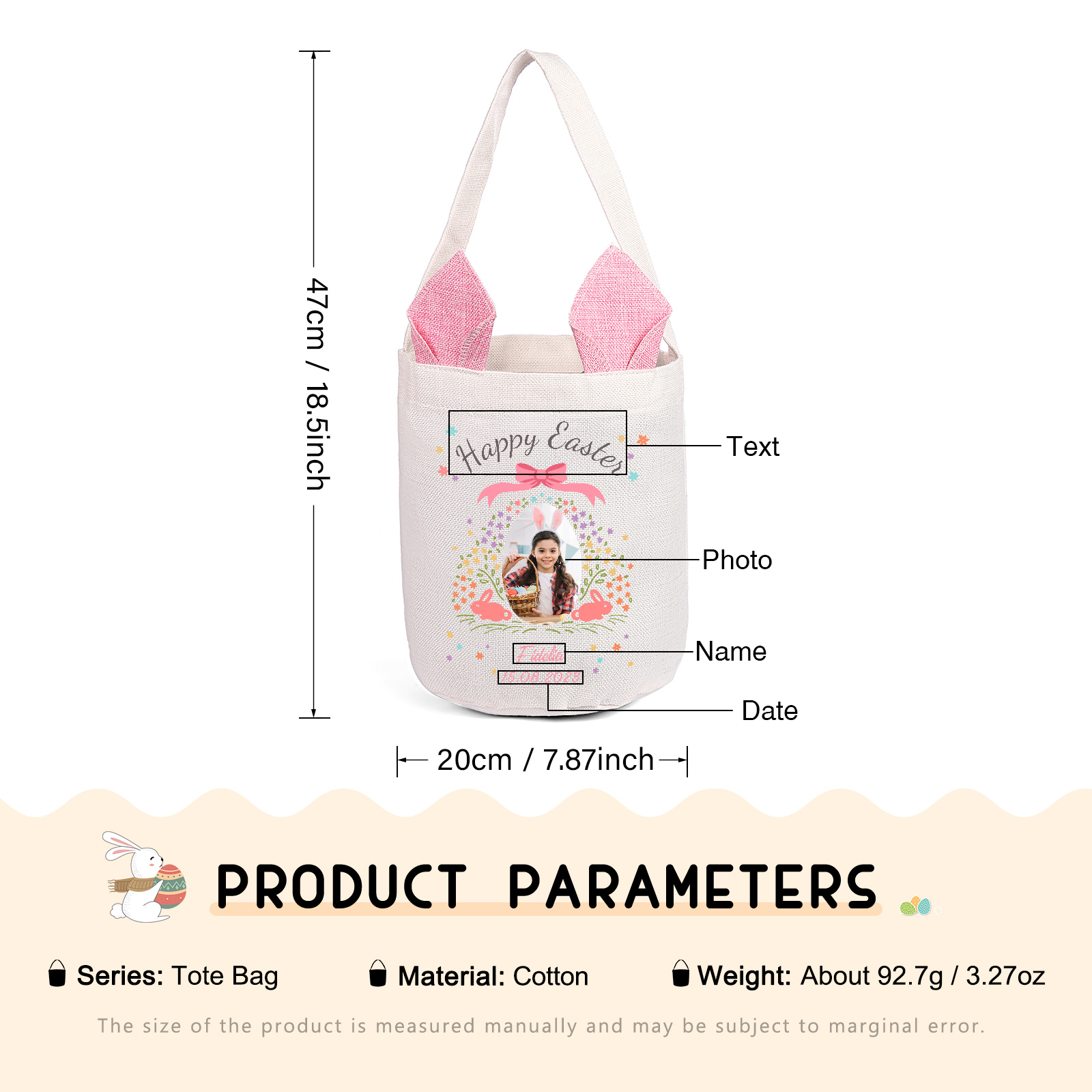 Pascua-Bolsa de conejo con 1 nombre, 1 texto, 1 fecha y 1 foto personalizados-Jessemade ES
