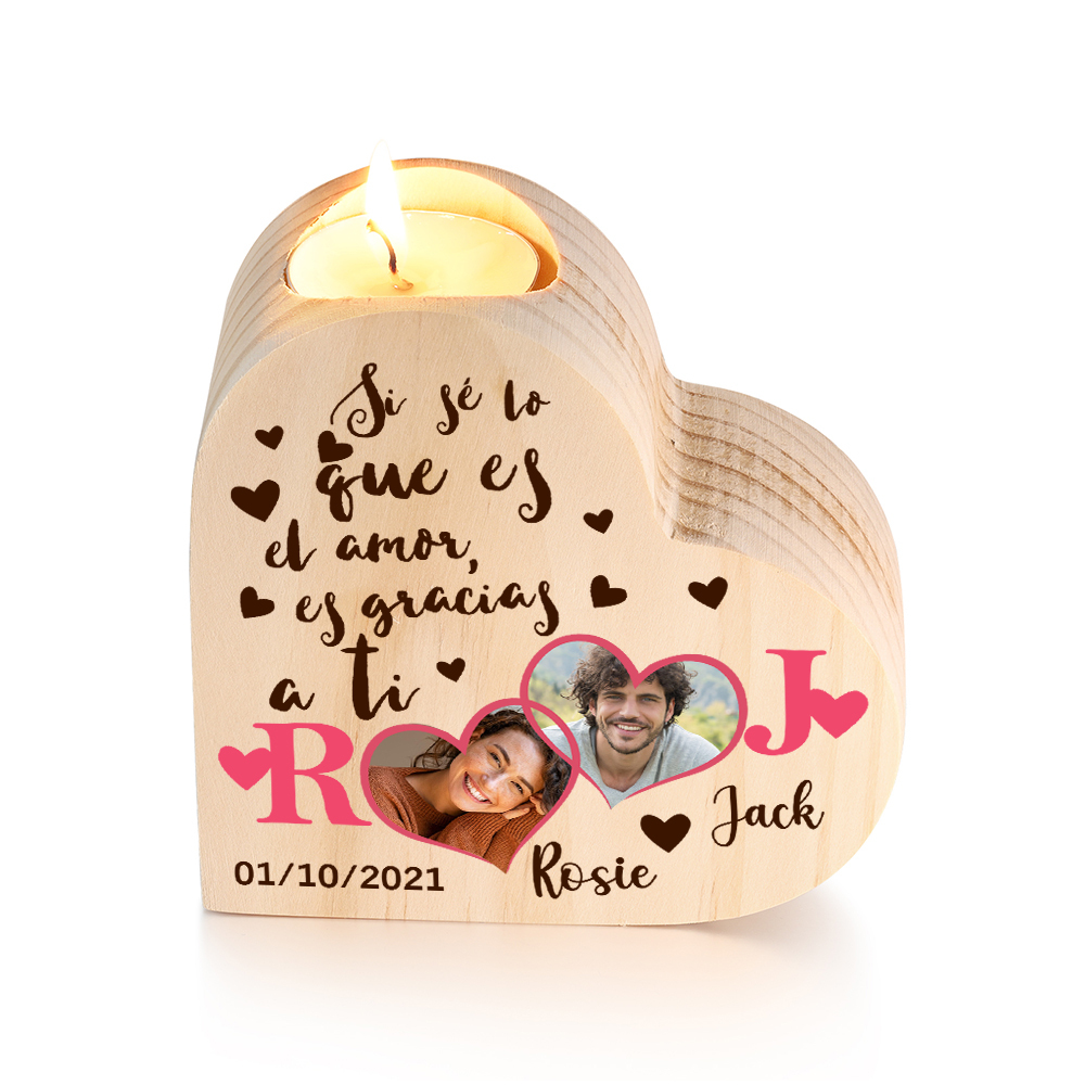 Candelero de madera para pareja con 2 fotos sin vela personalizado con 2 nombres, 2 letras y fecha-Jessemade ES