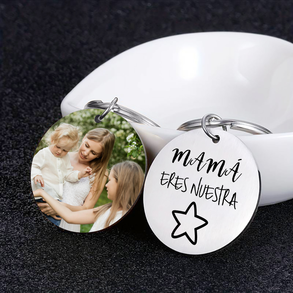 A mi mamá - Llavero de placa redonda "mamá, nuestra estrella" con 1 foto personalizada-Jessemade ES