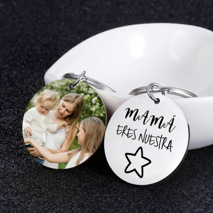 A mi mamá - Llavero de placa redonda "mamá, nuestra estrella" con 1 foto personalizada-Jessemade ES