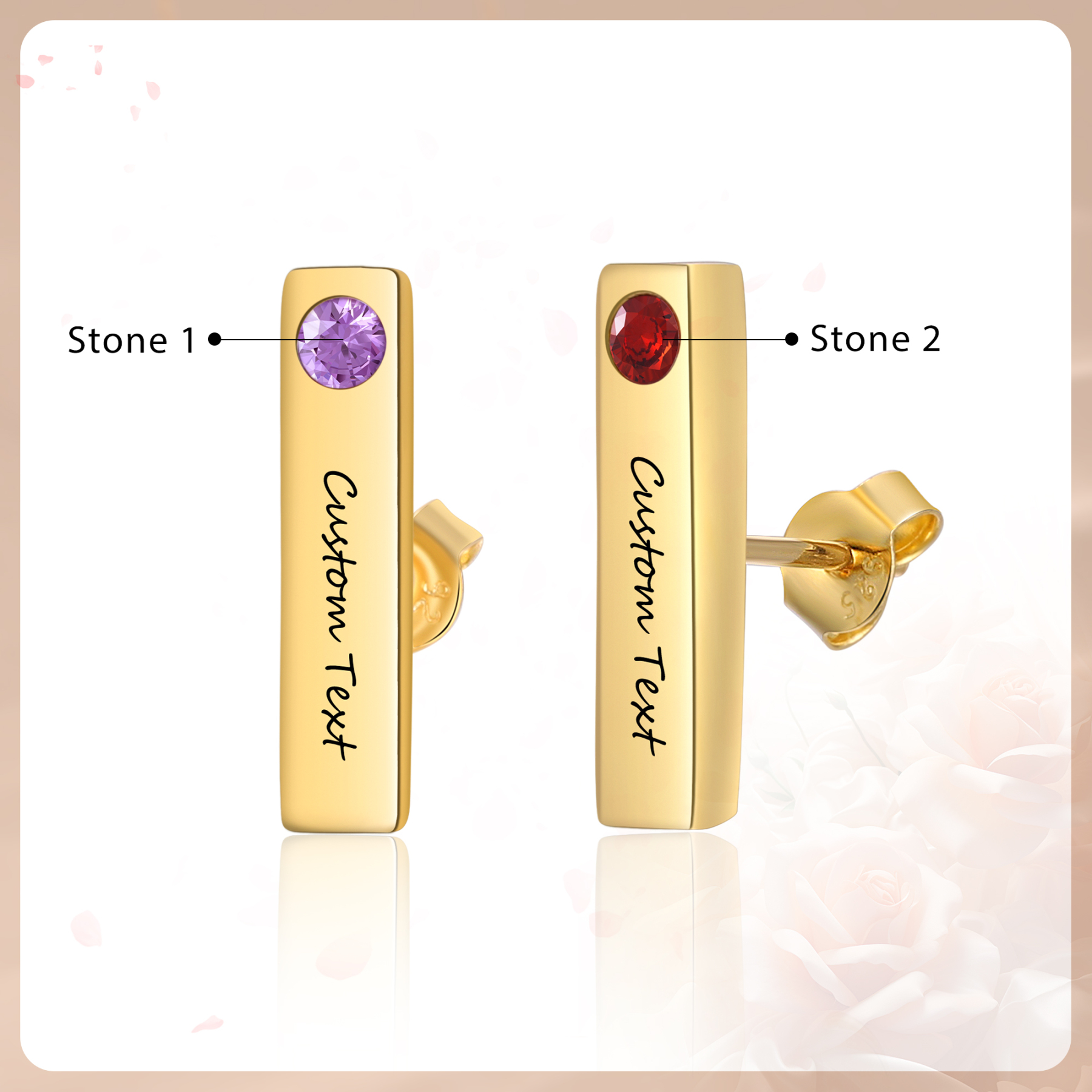 Aretes personalizados con 1 nombre y 2 piedras de nacimiento pendientes-Jessemade ES