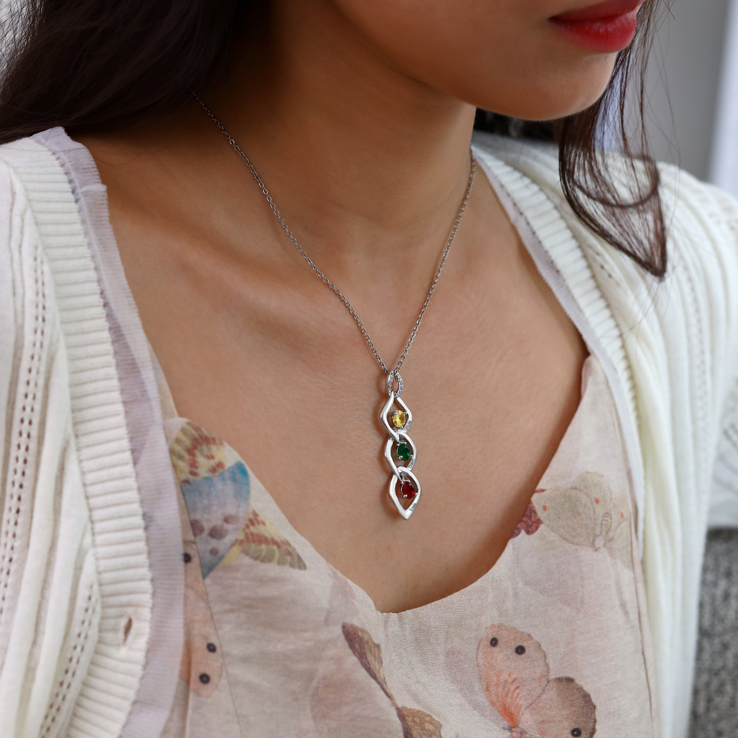 Collar de lazos con 2-5 nombres y piedras de nacimiento personalizados-Jessemade ES