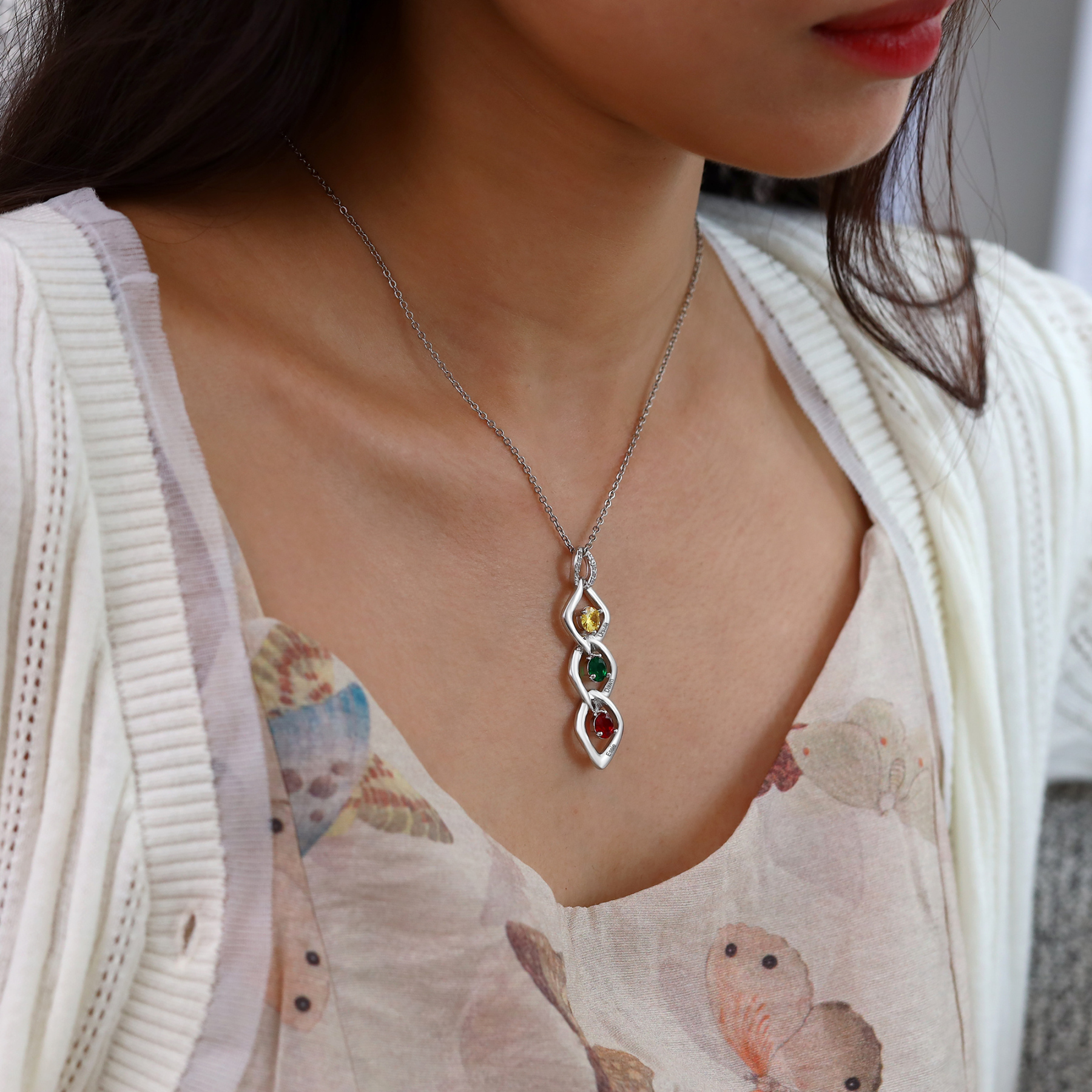 Collar de lazos con 2-5 nombres y piedras de nacimiento personalizados-Jessemade ES