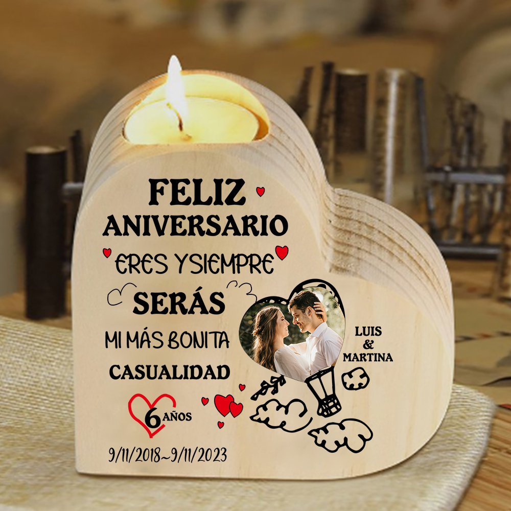Aniversario-Candelero de madera para pareja con texto amoroso sin vela personalizado con nombres, fecha, foto y número-Jessemade ES