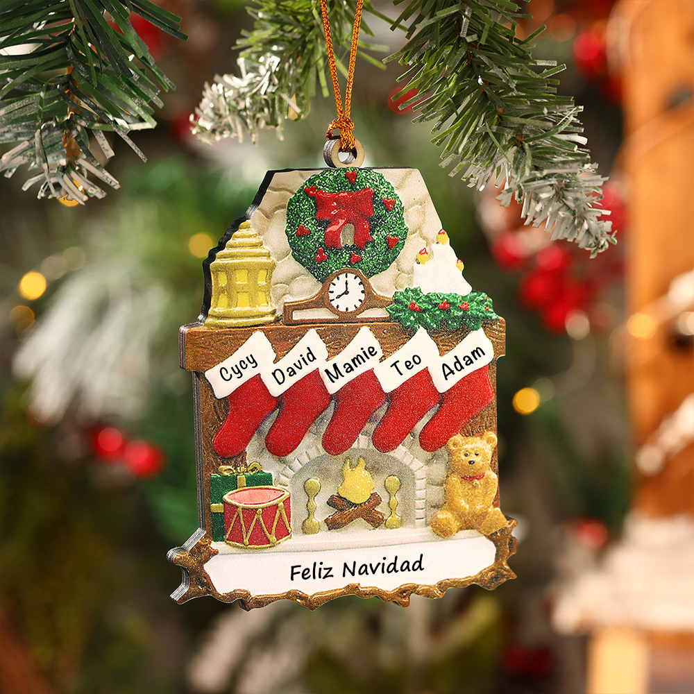 Navidad-Ornamento navideño de madera chimenea y calcetines con 5 nombres y 1 texto personalizados